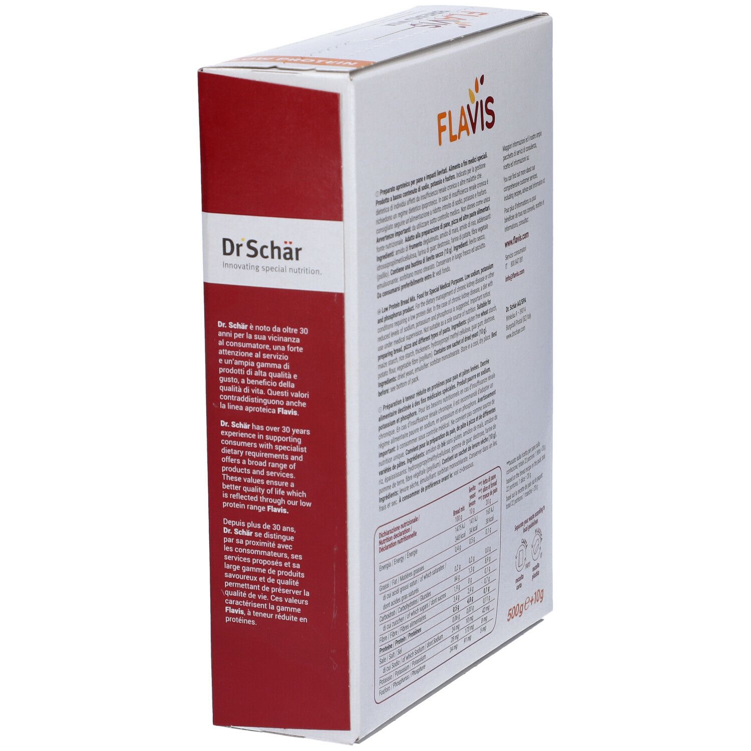 Confezione di FLAVIS Bread Mix. Scritta: Low Protein. Contiene farina, cucchiaio di legno, ciotola. 500g+10g.
