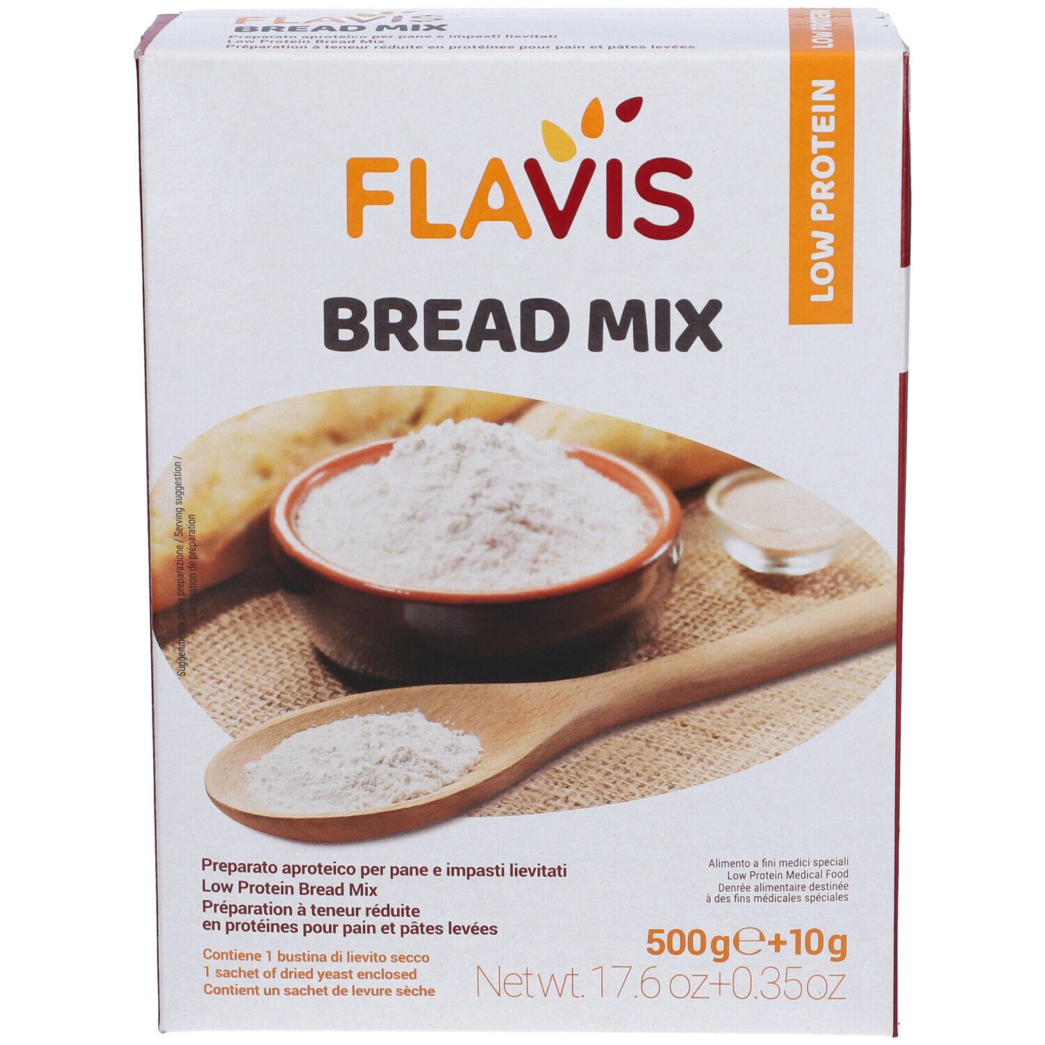 Confezione di FLAVIS Bread Mix. Scritta: Low Protein. Contiene farina, cucchiaio di legno, ciotola. 500g+10g.