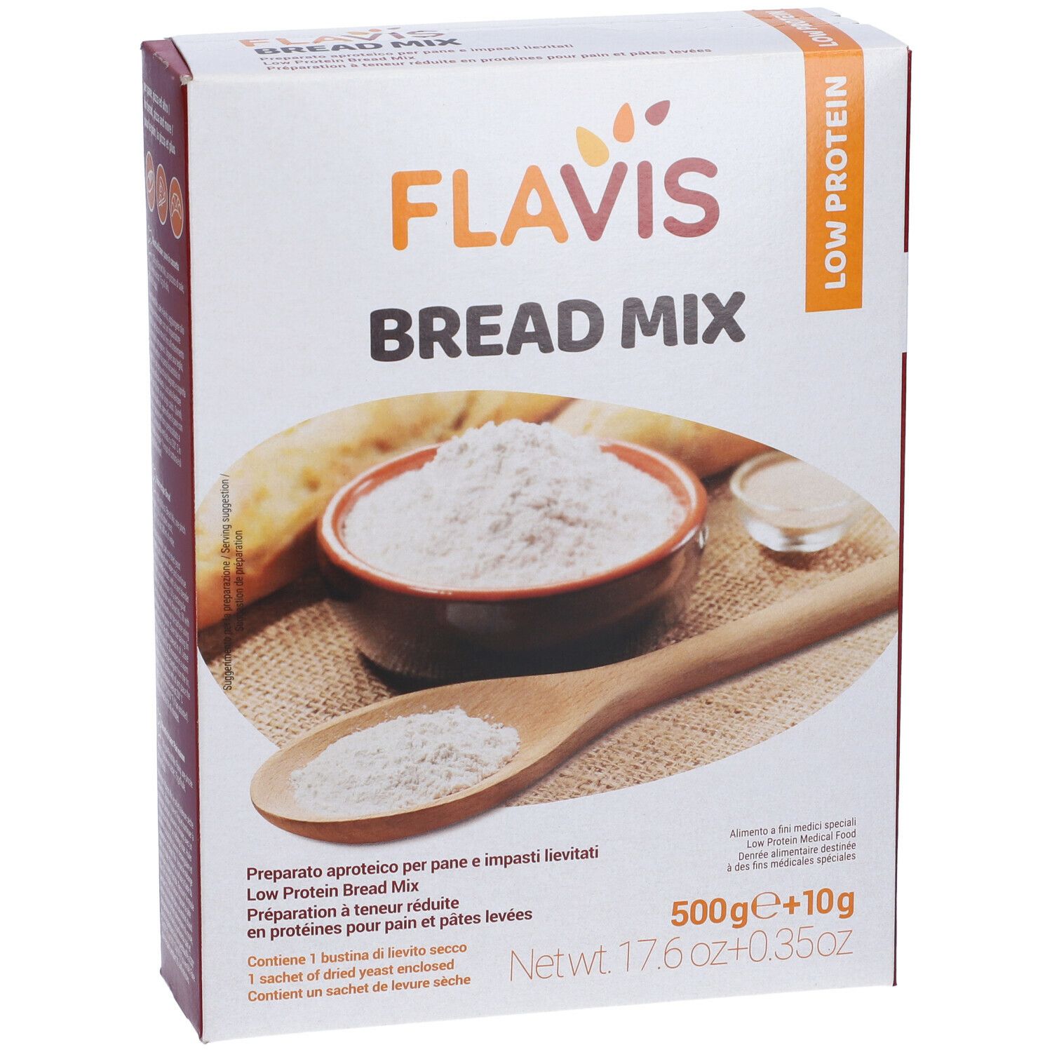Confezione di FLAVIS Bread Mix. Scritta: Low Protein. Contiene farina, cucchiaio di legno, ciotola. 500g+10g.