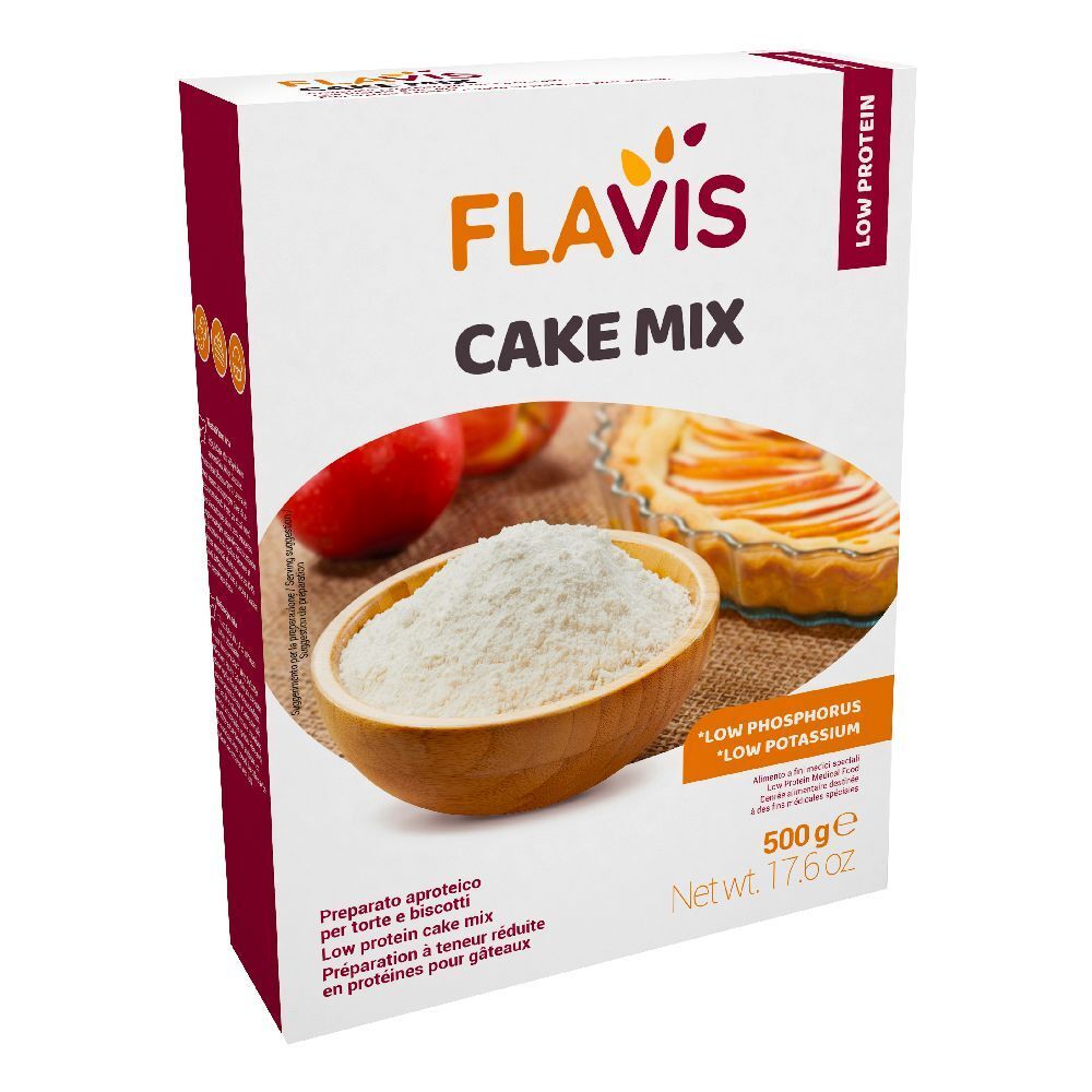 Confezione di Schar® Flavis Cake Mix. Scritto: Low Protein, Low Potassium. Immagine: torta, farina in ciotola.