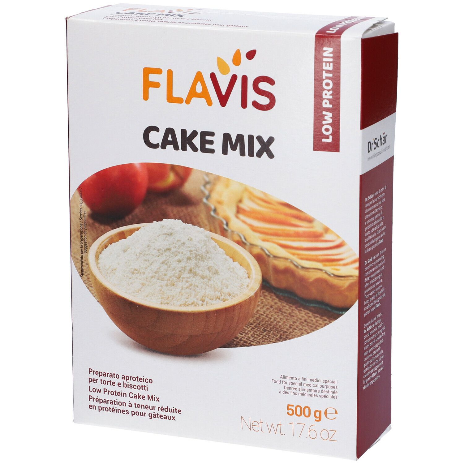 Confezione di Schar® Flavis Cake Mix. Scritto: Low Protein. Immagine: torta, farina in ciotola. Marchio: Dr. Schär.