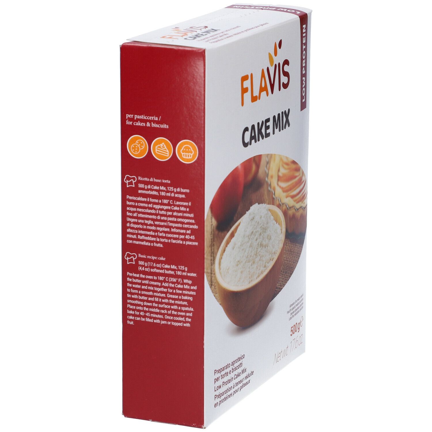 Confezione di Schar® Flavis Cake Mix. Scritto: Low Protein. Ricetta e informazioni nutrizionali. Immagine: torta, farina.