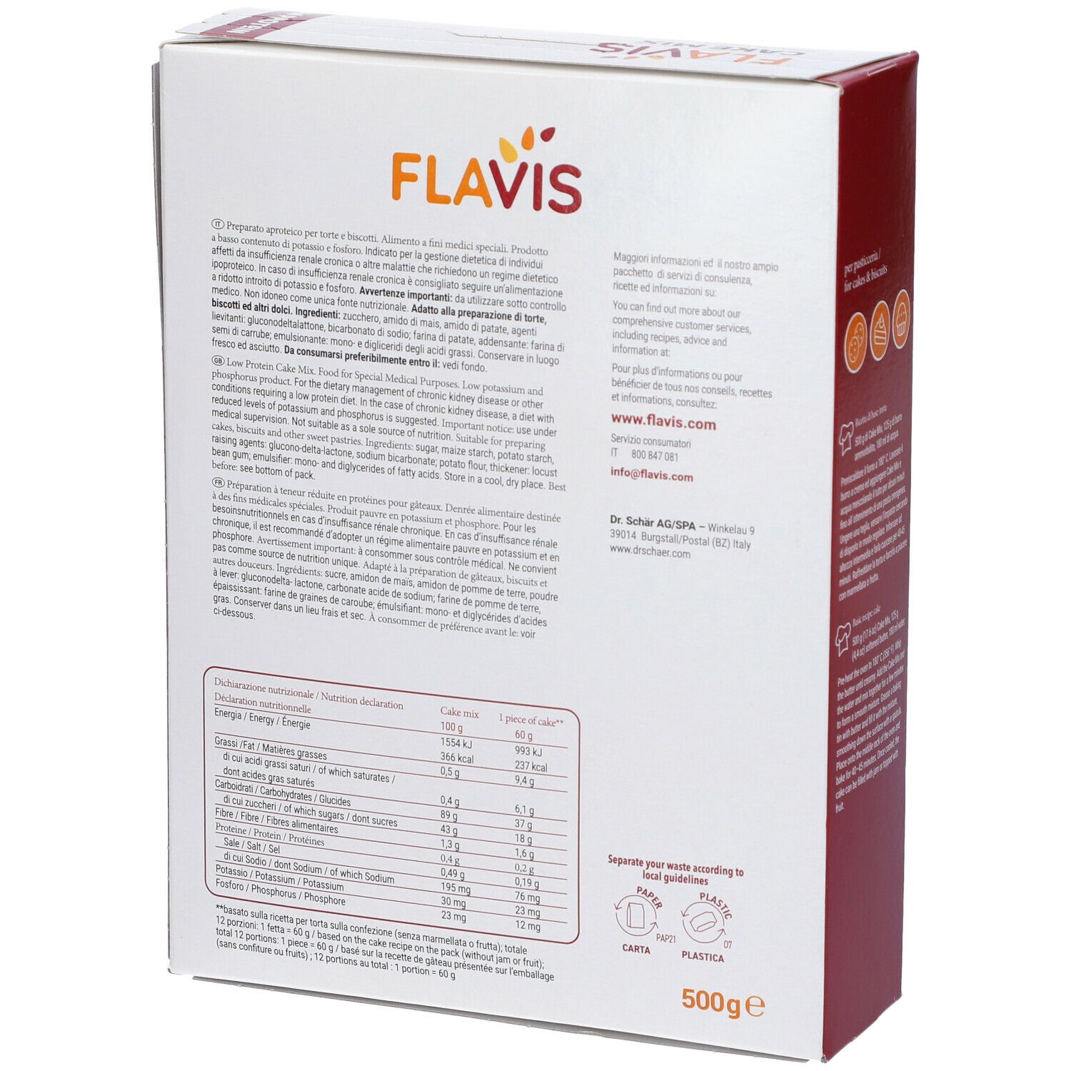 Retro della confezione Schar® Flavis Cake Mix. Testo sull'uso e informazioni nutrizionali. Istruzioni per lo smaltimento.