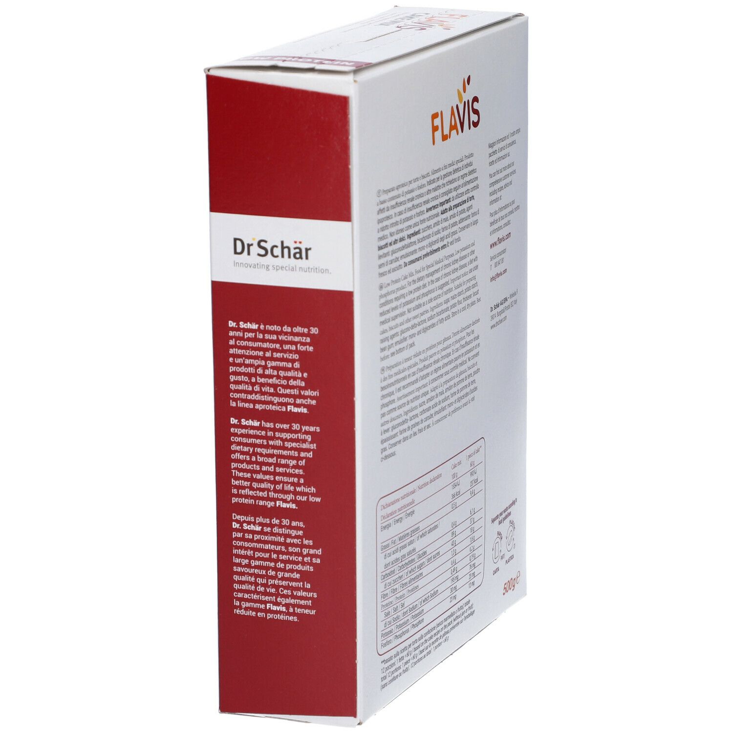 Lato della confezione Schar® Flavis Cake Mix. Testo su Dr. Schär. Informazioni nutrizionali. Marchio.
