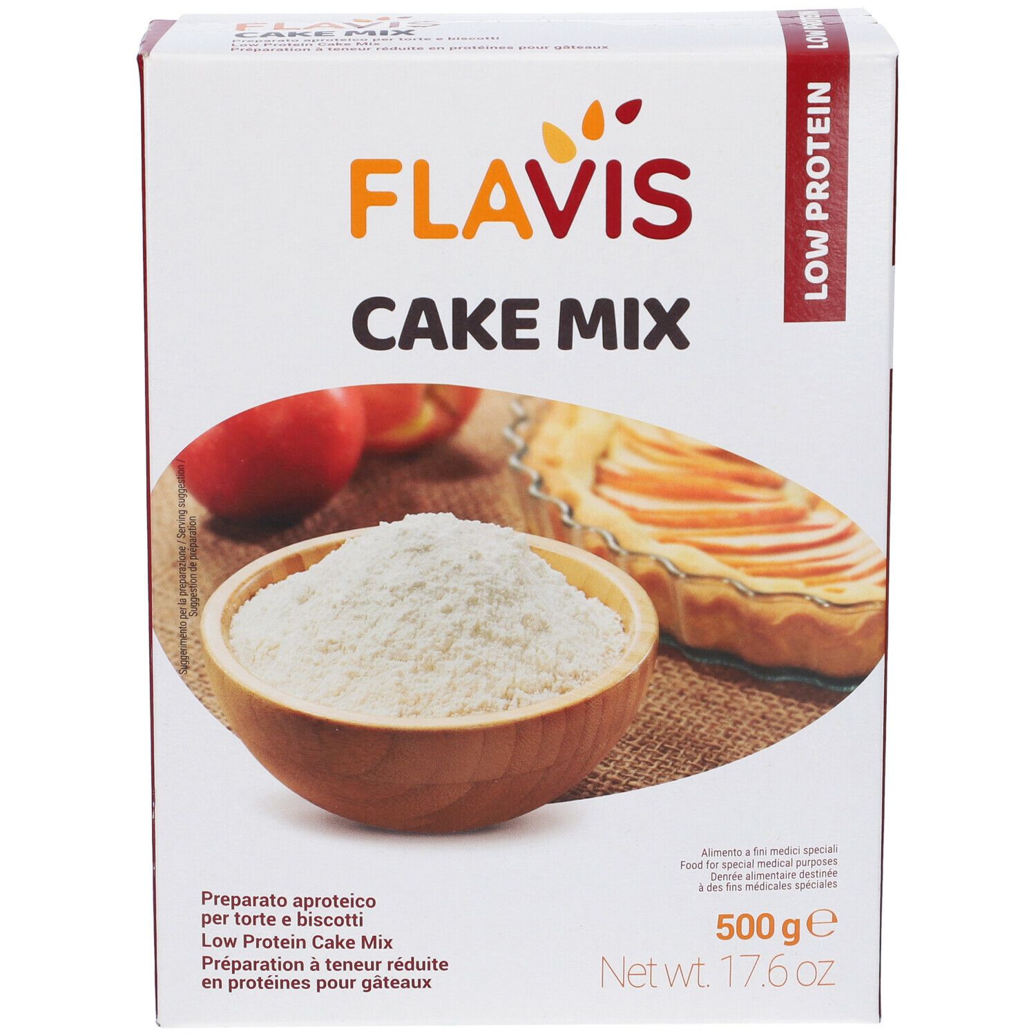 Confezione di Schar® Flavis Cake Mix. Scritto: Low Protein. Immagine: torta, farina in ciotola.