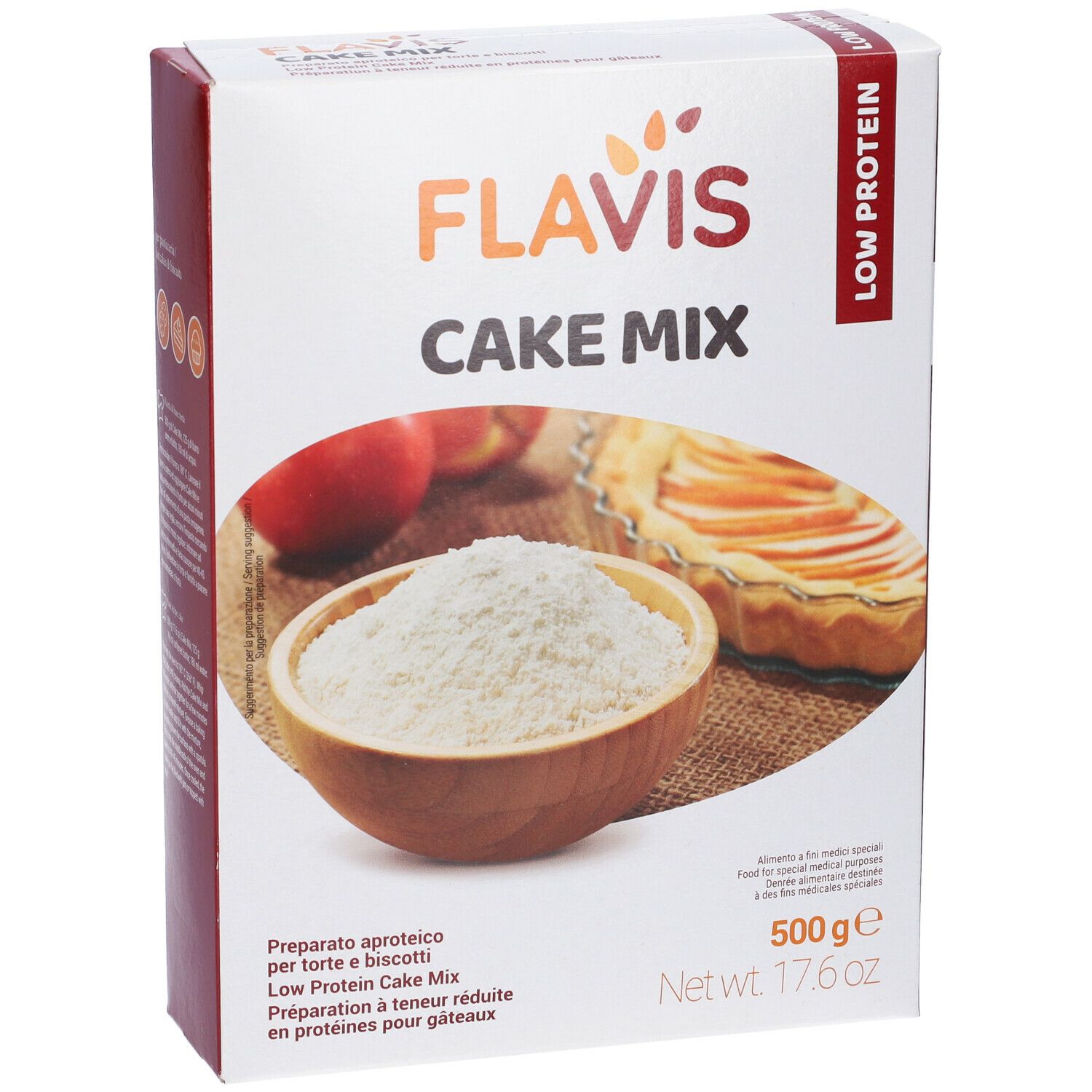 Confezione di Schar® Flavis Cake Mix. Scritto: Low Protein. Immagine: torta, farina in ciotola.