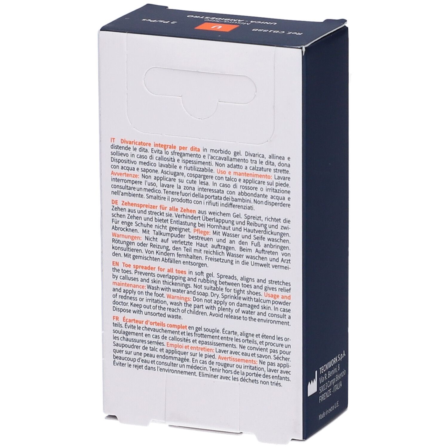 Retro confezione TecniWork Divaricatore Integrale Dita Piede. Testo multilingue, istruzioni per l'uso e avvertenze.