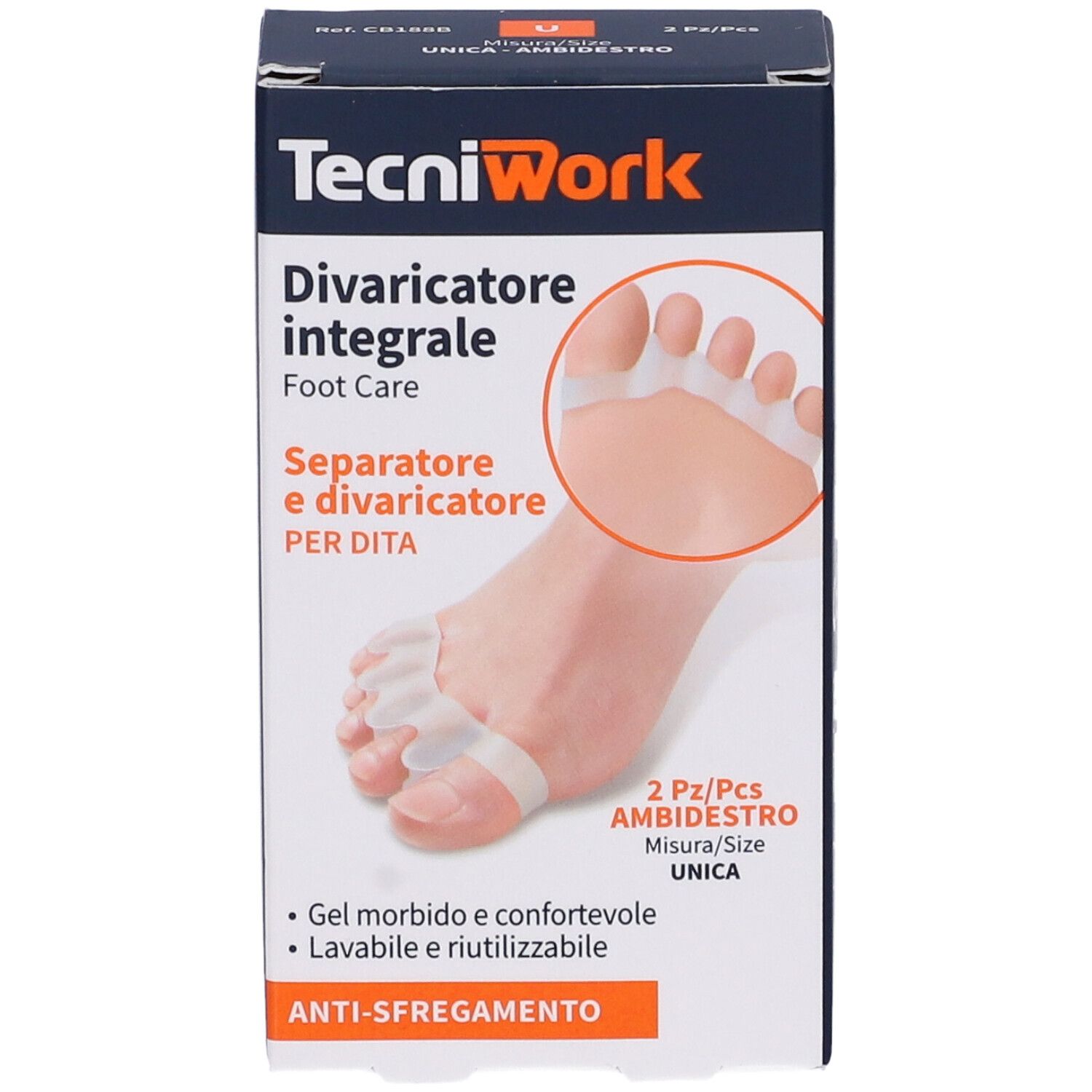 Confezione TecniWork Divaricatore Integrale Dita Piede. Prodotto e modello di piede con separatori. 2 pezzi, ambidestro.