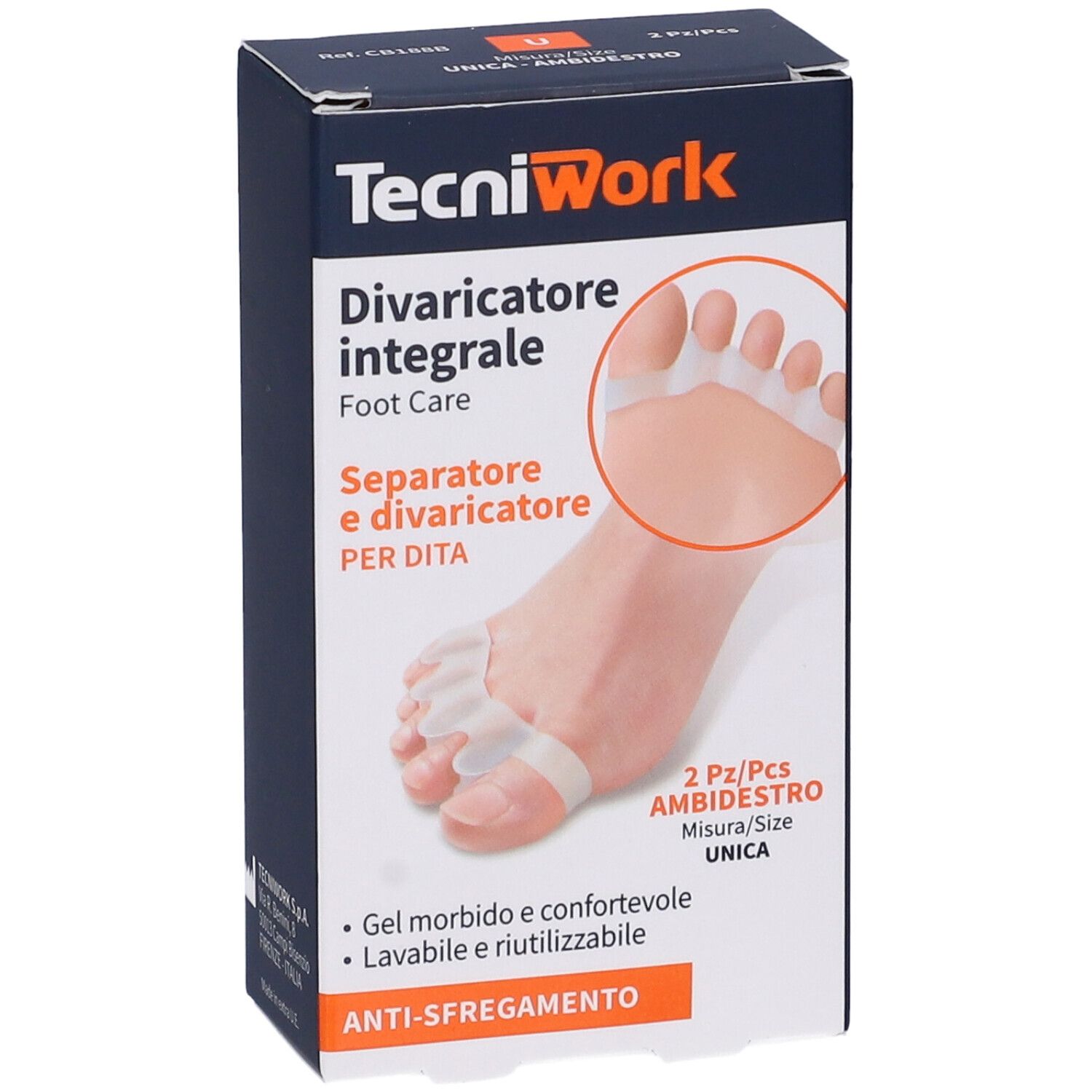 Confezione TecniWork Divaricatore Integrale Dita Piede. Prodotto e modello di piede con separatori. 2 pezzi, ambidestro.