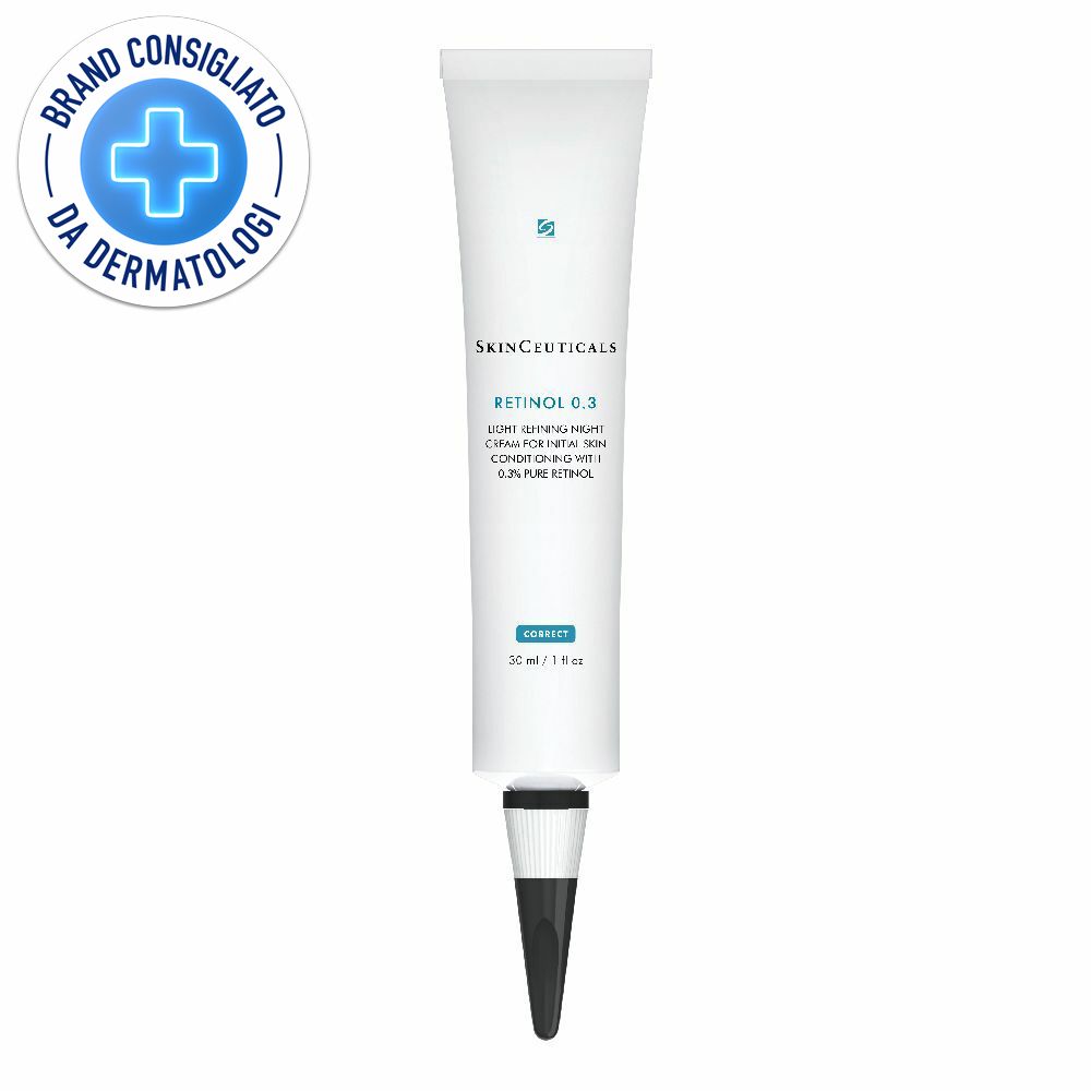 Tube de crème Retinol 0.3 avec logo et sceau 'Brand Consigliato da Dermatologi'.
