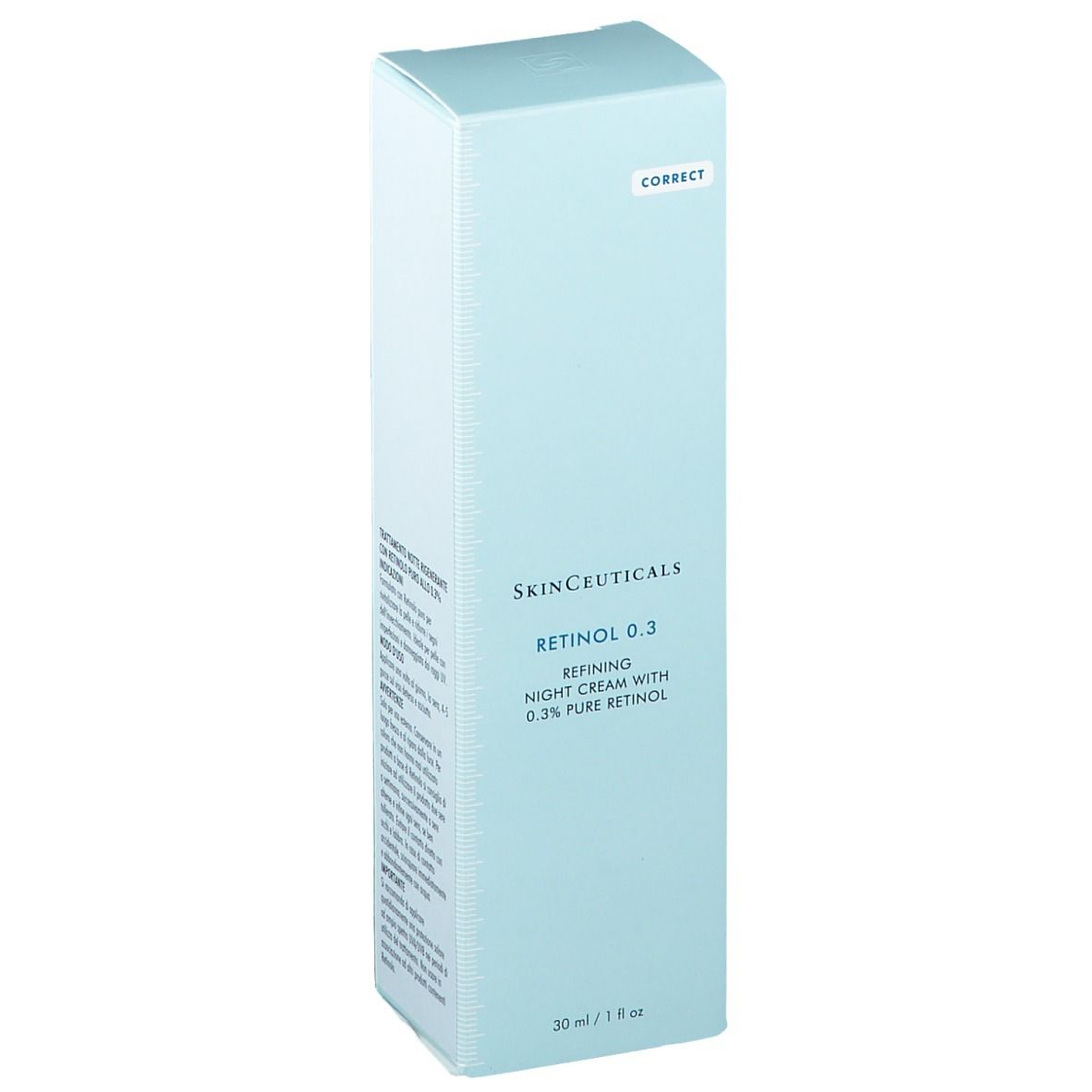 Boîte bleu clair avec texte Skinceuticals Retinol 0.3. Texte: Refining Night Cream with 0.3% Pure Retinol.
