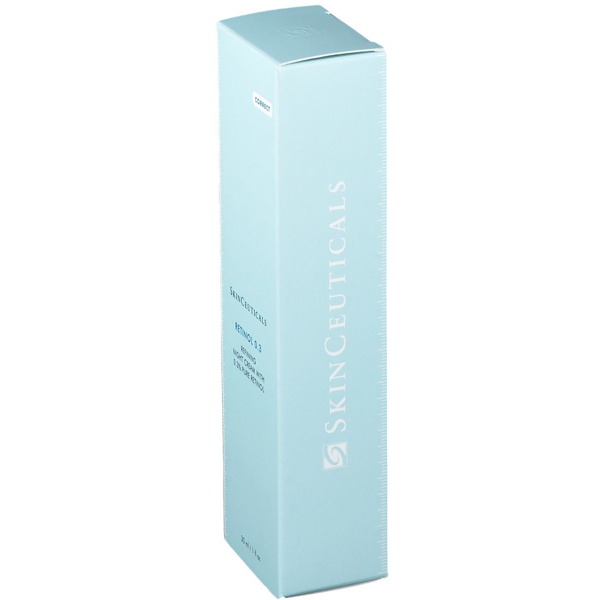 Boîte bleu clair avec texte Skinceuticals Retinol 0.3. Logo et texte sur le devant.