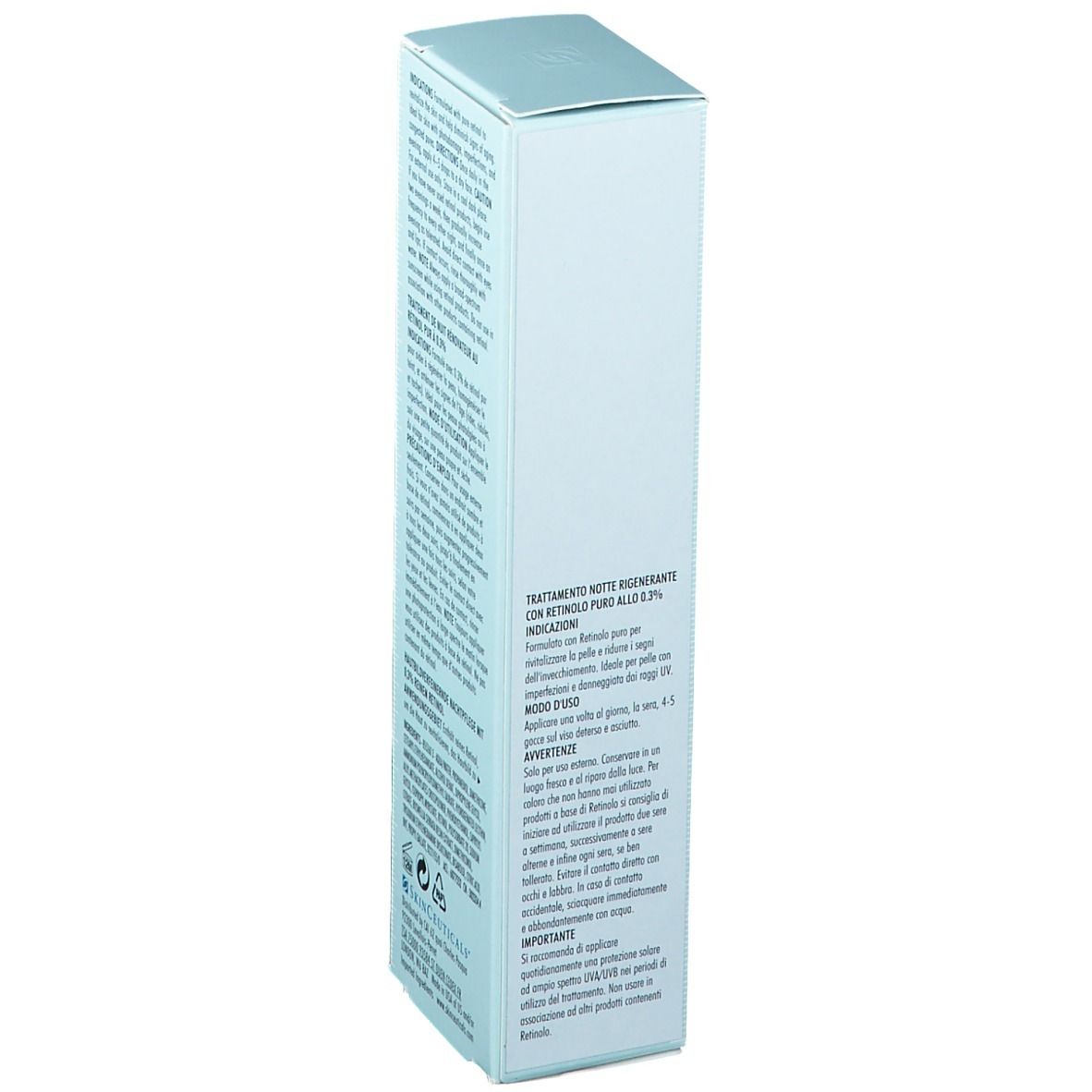 Boîte bleu clair avec texte et logo Skinceuticals. Dos avec informations produit.