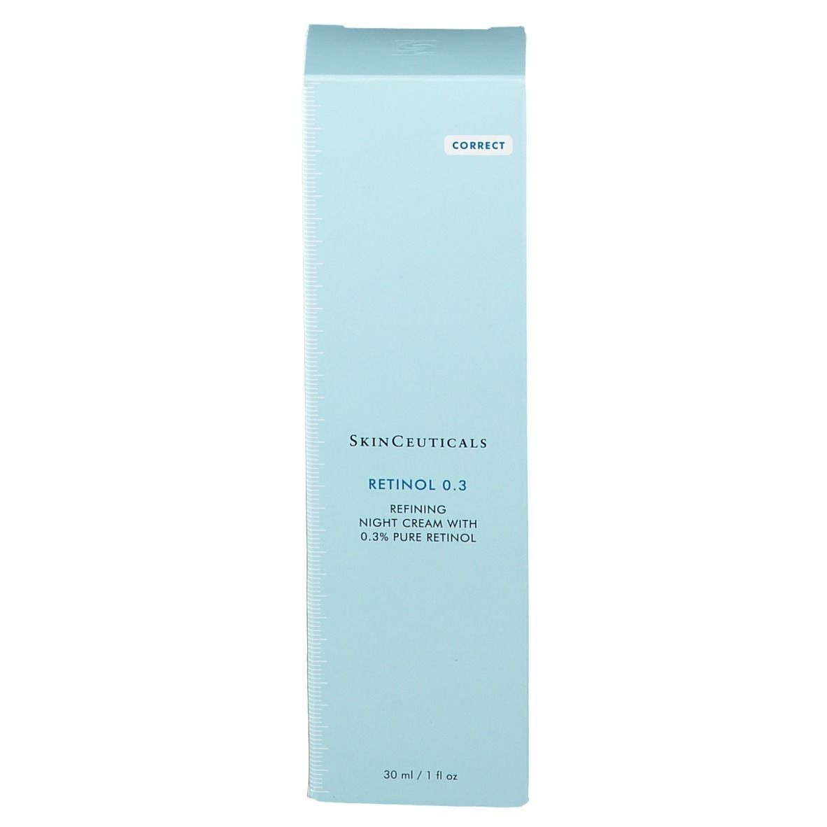 Boîte bleu clair avec texte Skinceuticals Retinol 0.3. Texte: Refining Night Cream with 0.3% Pure Retinol.