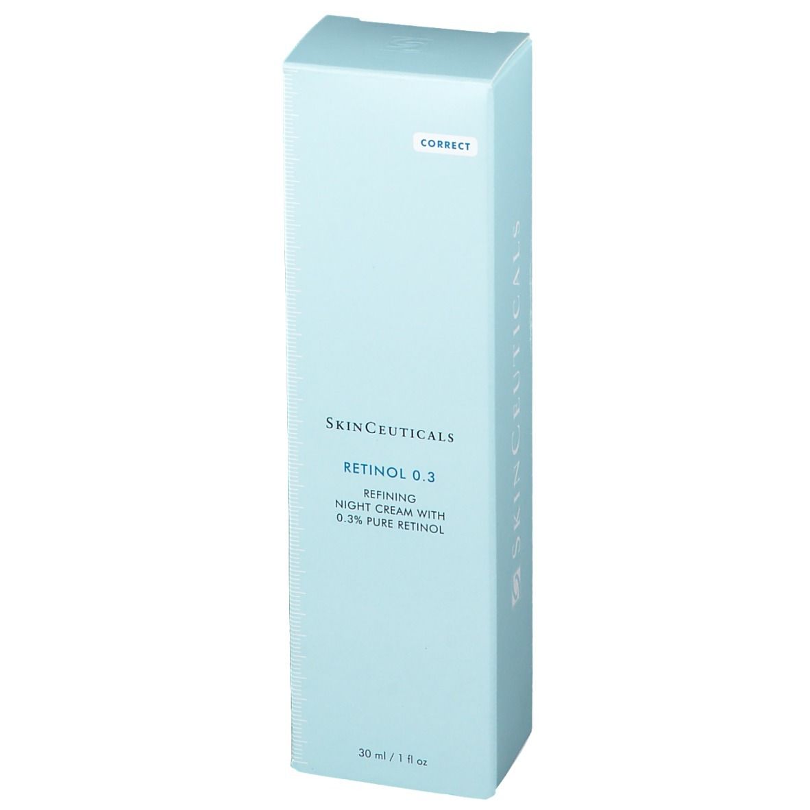Boîte bleu clair avec texte Skinceuticals Retinol 0.3. Texte: Refining Night Cream with 0.3% Pure Retinol.