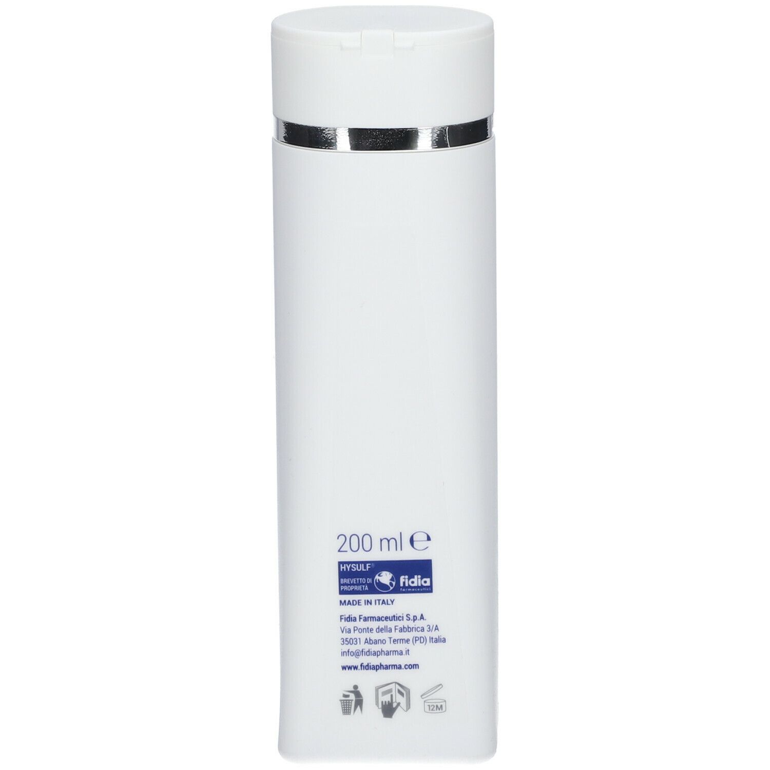 Retro di un flacone di shampoo bianco. Scritta: 200 ml, Made in Italy, fidia.