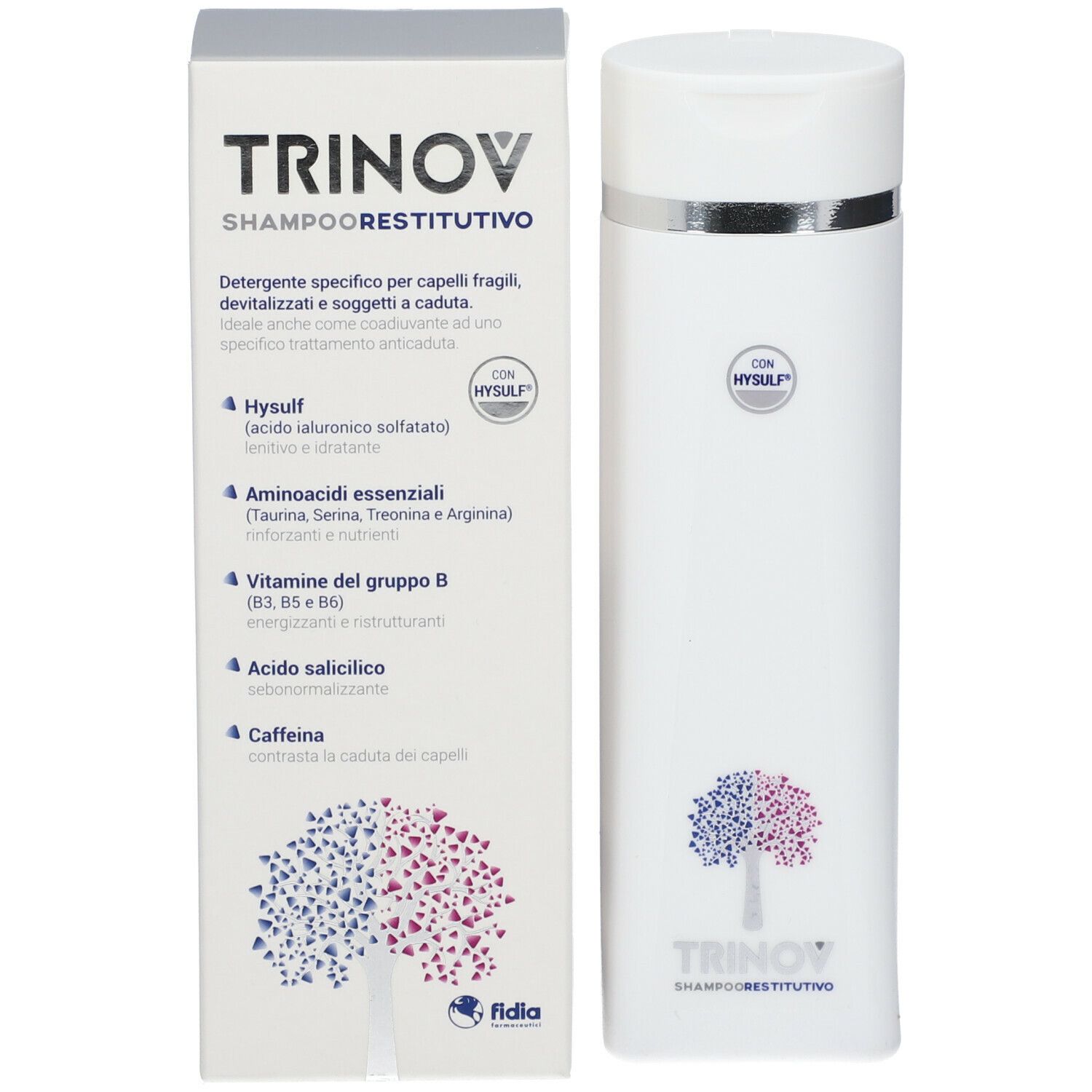 Shampoo bianco e confezione. Sulla confezione è scritto TRINOV Shampoo Restitutivo. Sulla bottiglia è raffigurato un logo.