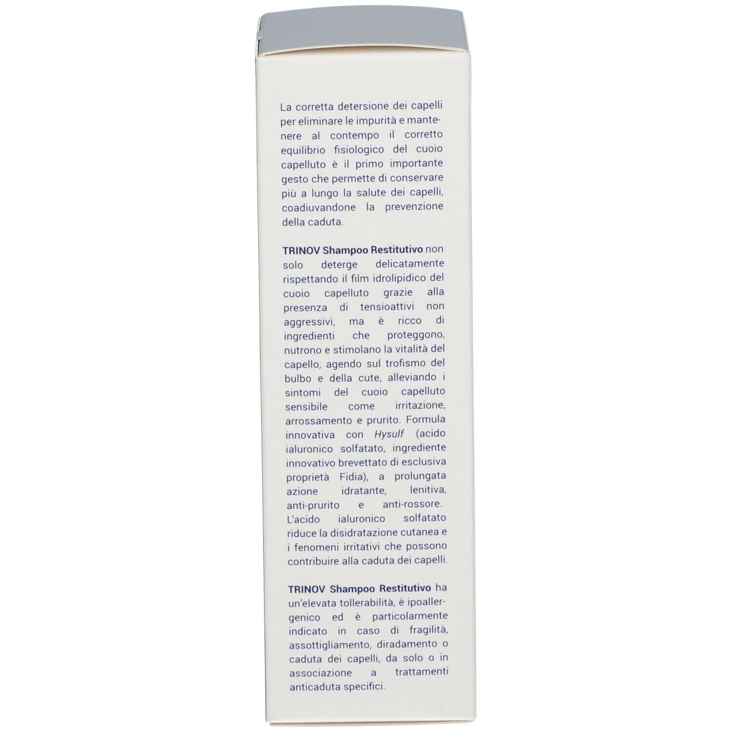 Testo sulla confezione di TRINOV Shampoo Restitutivo. Descrizione del prodotto e degli ingredienti.
