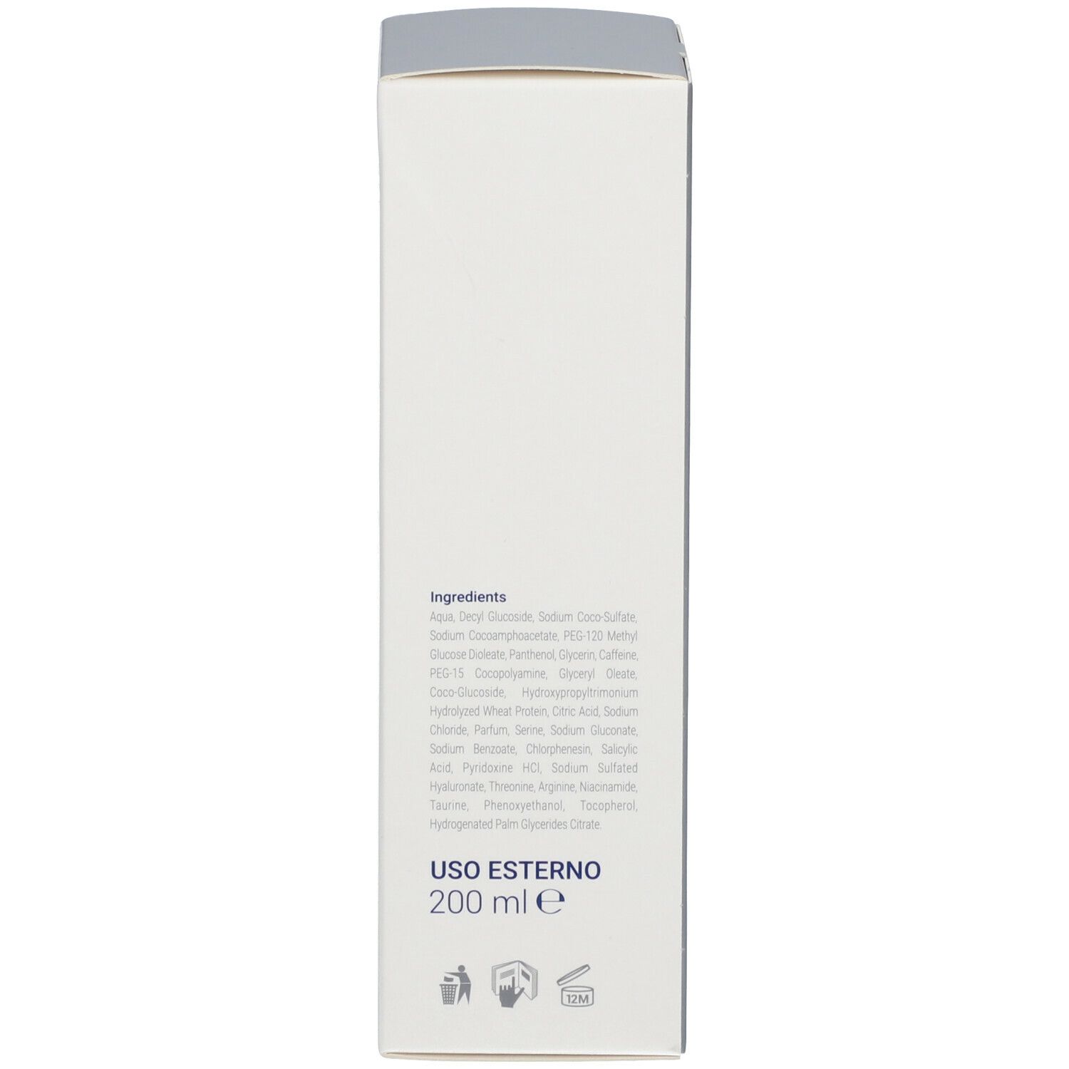 Retro della confezione di TRINOV Shampoo Restitutivo. Ingredienti, 200 ml, fidia.