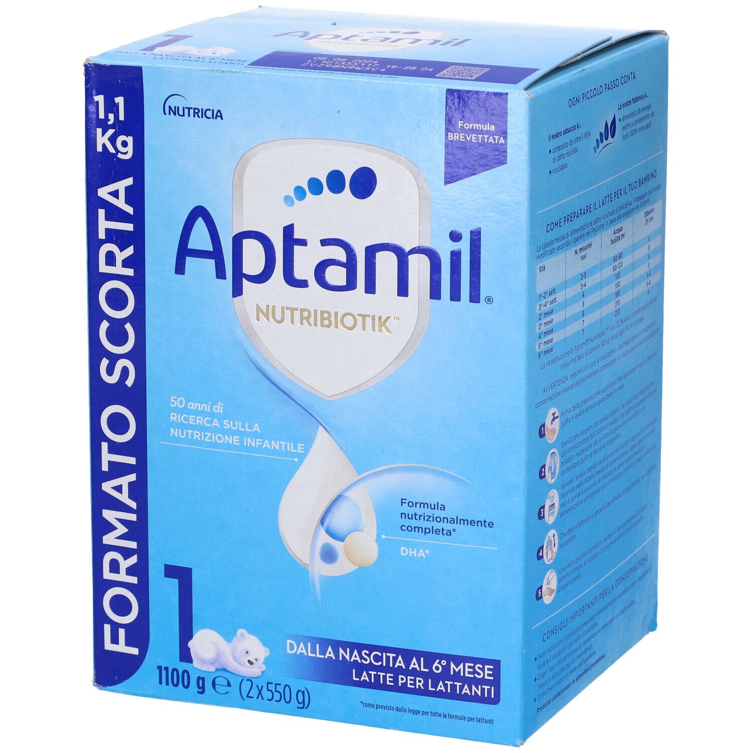 Confezione blu Aptamil 1, 1,1 kg. Scritto FORMATO SCORTA. Per neonati da 0 a 6 mesi. Contiene 2x550g.