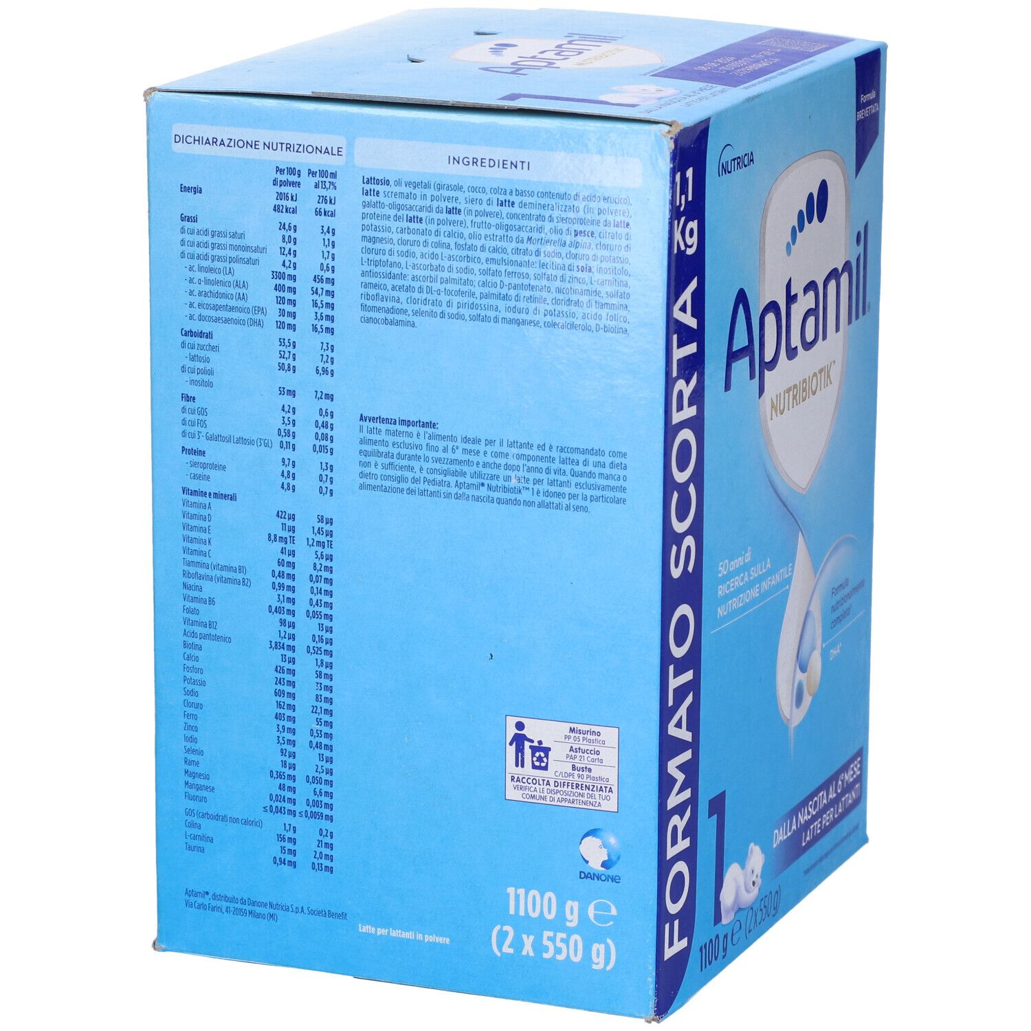 Confezione blu Aptamil 1. Contiene informazioni nutrizionali e ingredienti. Scritto FORMATO SCORTA. 1100 g (2x550 g).