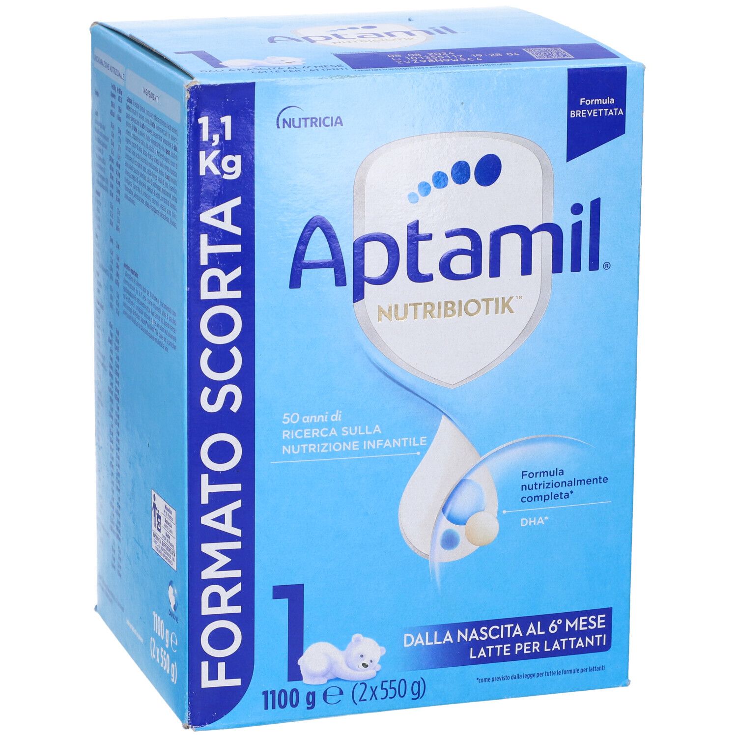 Confezione blu Aptamil 1, 1,1 kg. Scritto FORMATO SCORTA. Per neonati da 0 a 6 mesi. Contiene 2x550g.