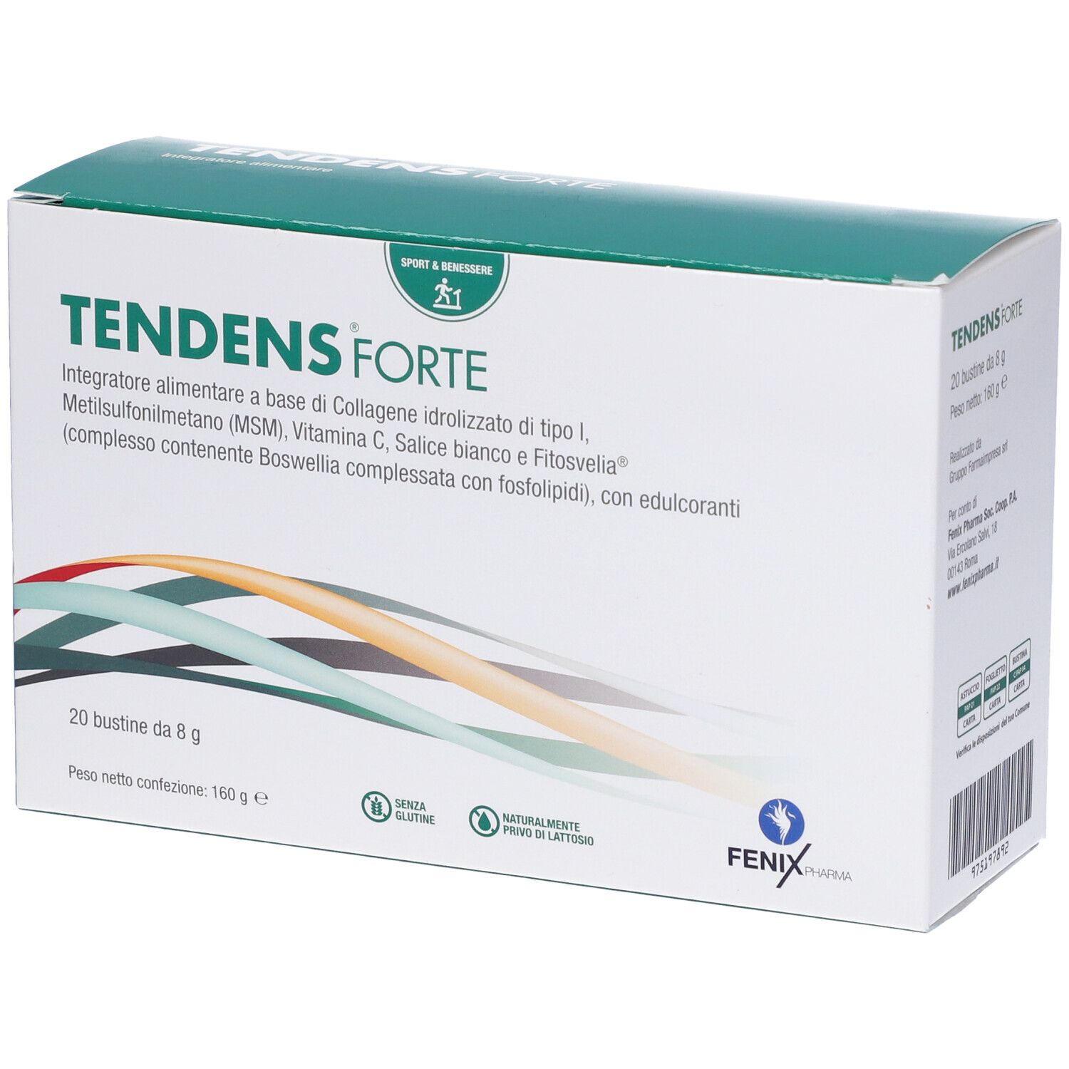 Scatola Tendens Forte. Cartone bianco e verde. Nome, logo e ingredienti. 20 bustine da 8g.