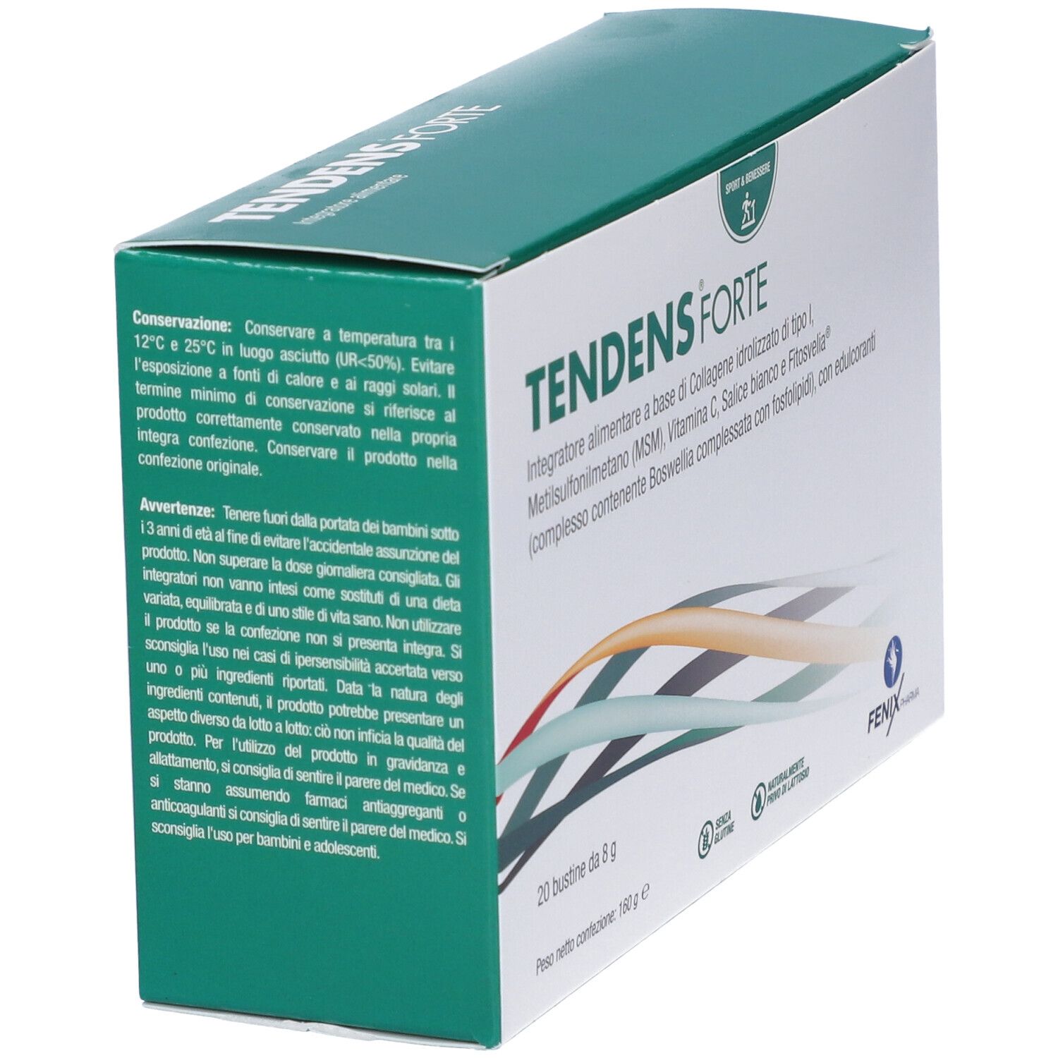 Scatola Tendens Forte. Cartone bianco e verde. Nome e ingredienti. 20 bustine da 8g. Avvertenze.