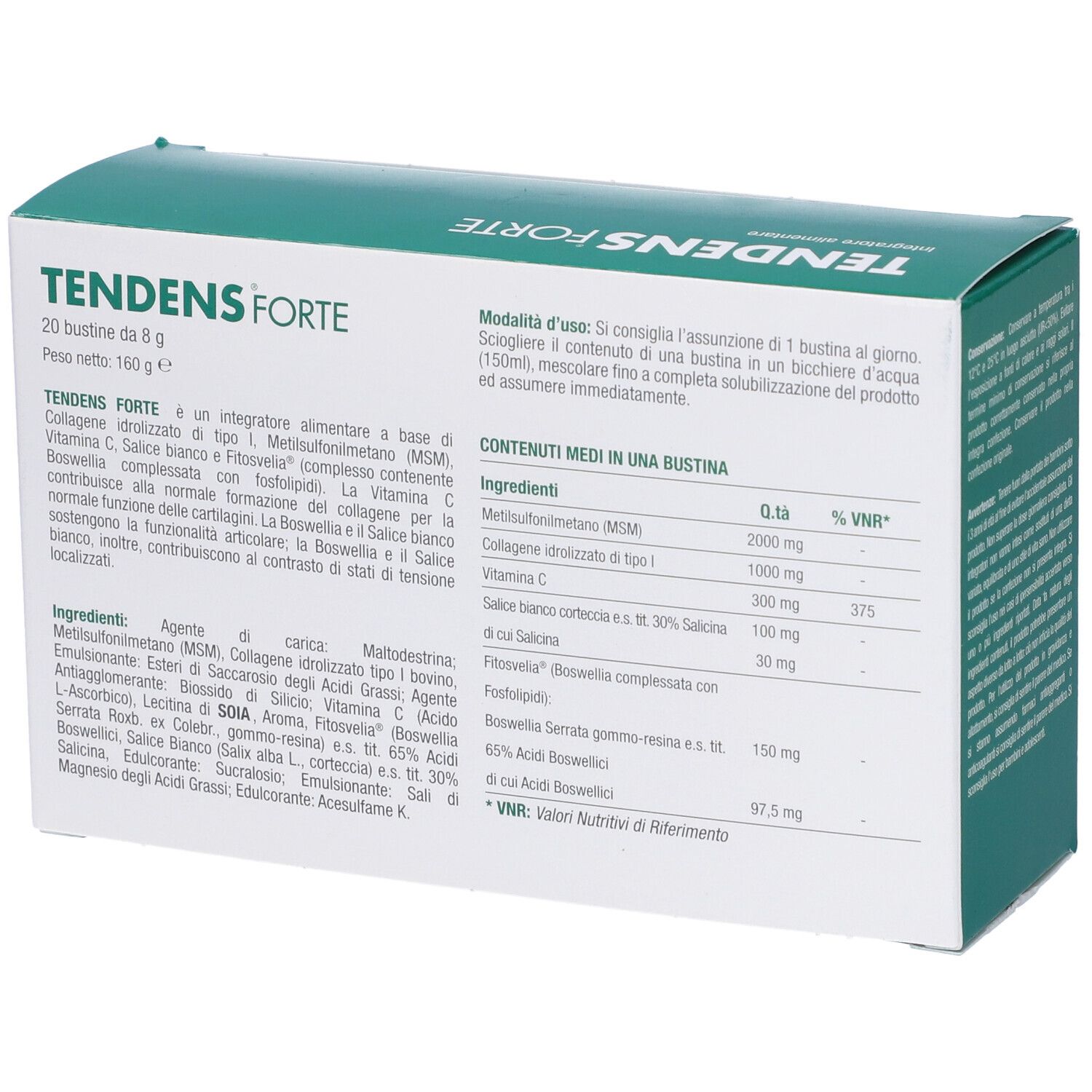 Scatola Tendens Forte. Cartone bianco e verde. Nome e ingredienti. 20 bustine da 8g. Valori nutrizionali.