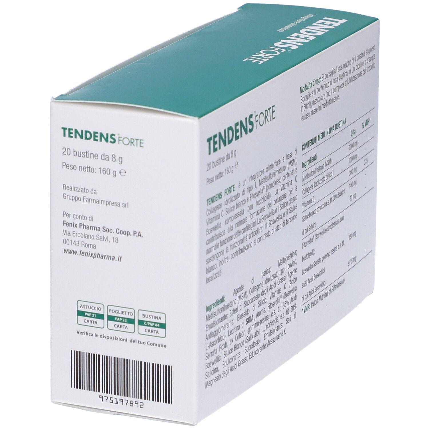 Scatola Tendens Forte. Cartone bianco e verde. Nome e ingredienti. 20 bustine da 8g. Informazioni produttore.