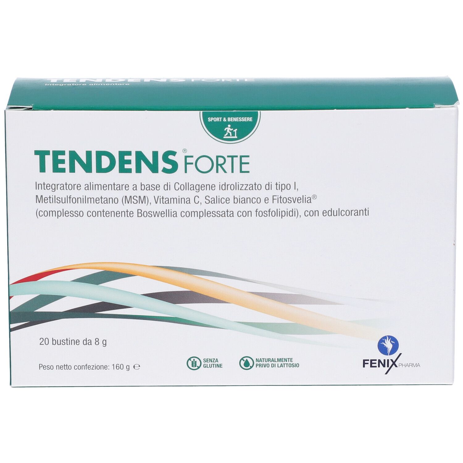 Scatola Tendens Forte. Cartone bianco e verde. Nome e logo. 20 bustine da 8g. Senza glutine, senza lattosio.