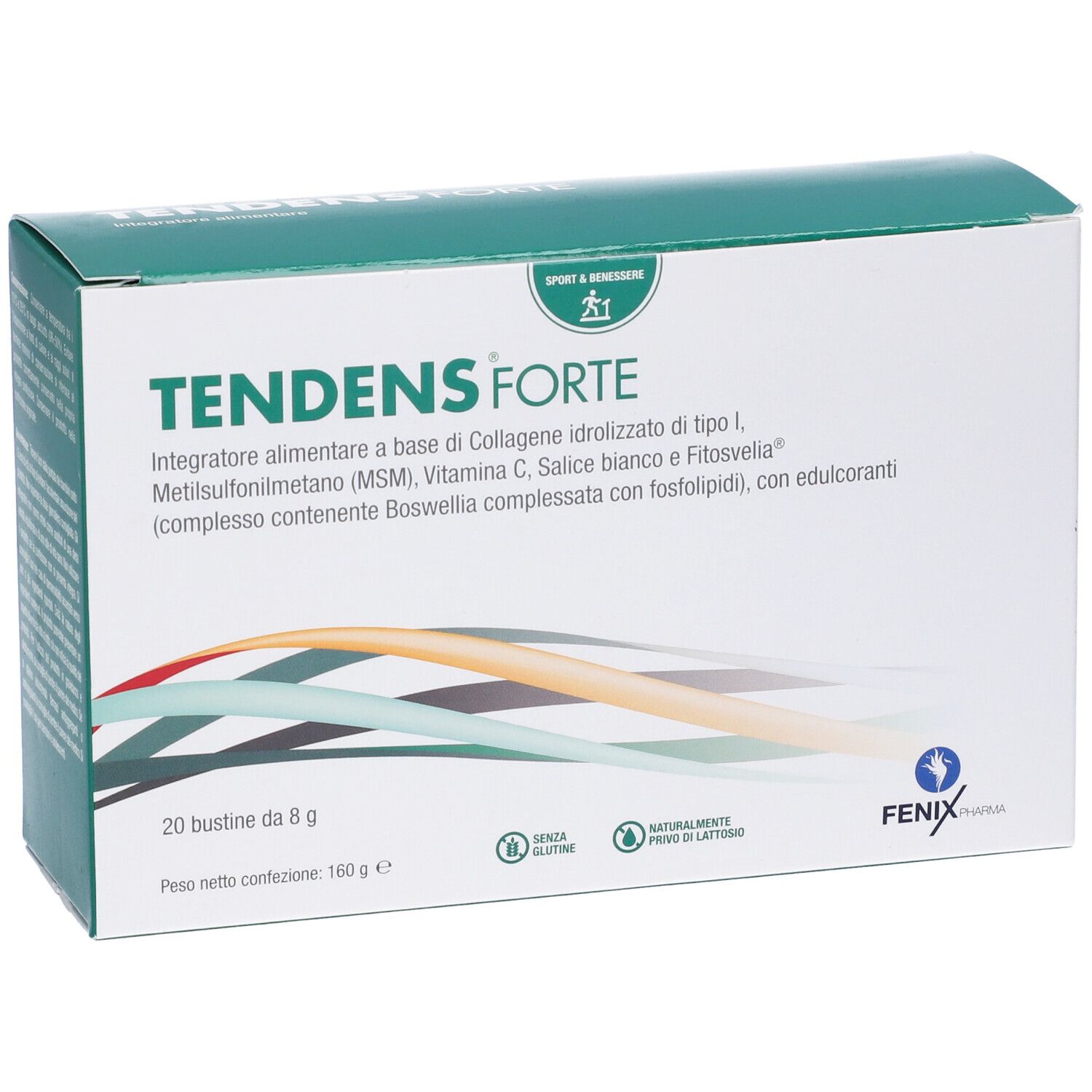 Scatola Tendens Forte. Cartone bianco e verde. Nome e logo. 20 bustine da 8g. Senza glutine, senza lattosio.