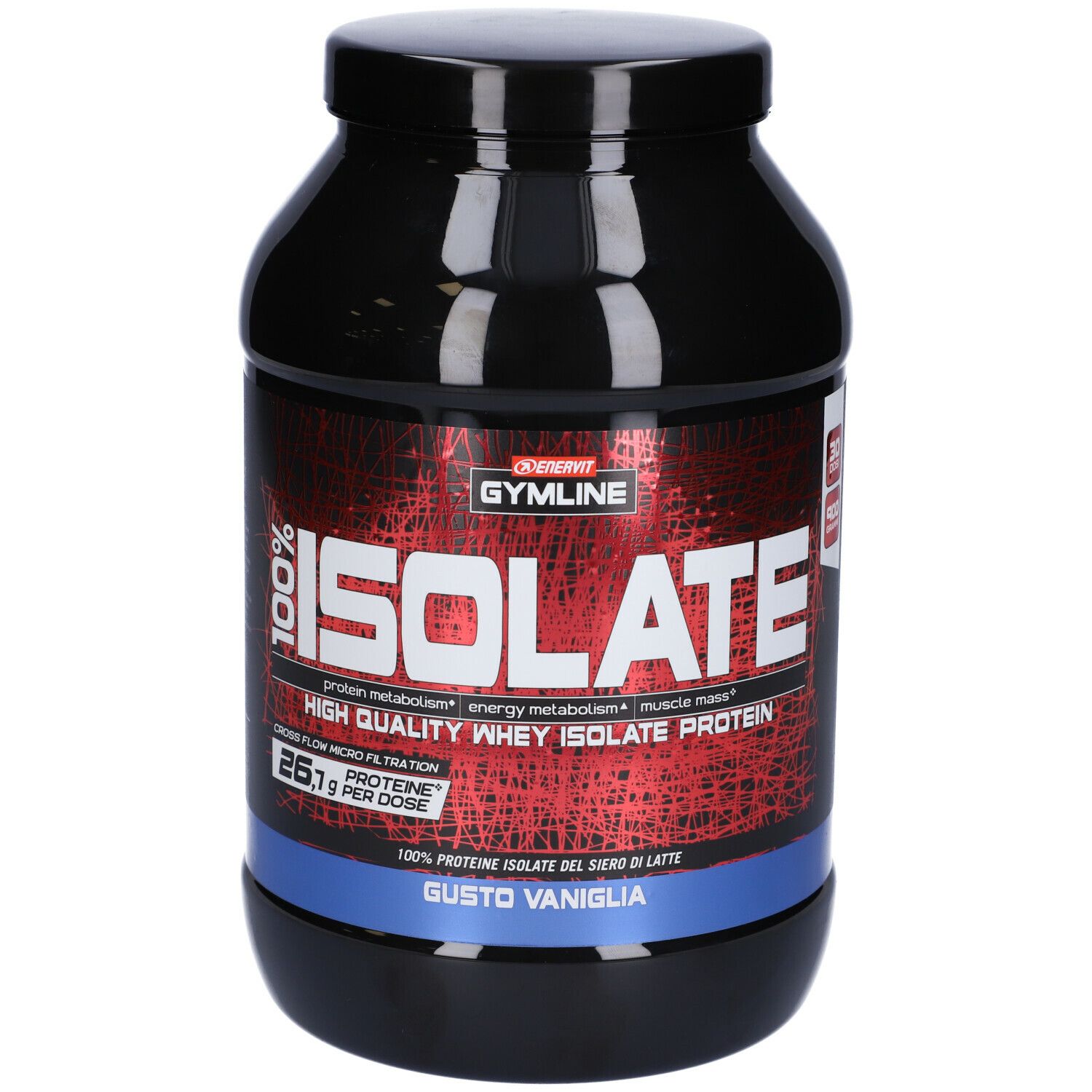 Barattolo nero con etichetta rossa. Scritta: ISOLATE, 26,1g proteine per dose. Gusto vaniglia.