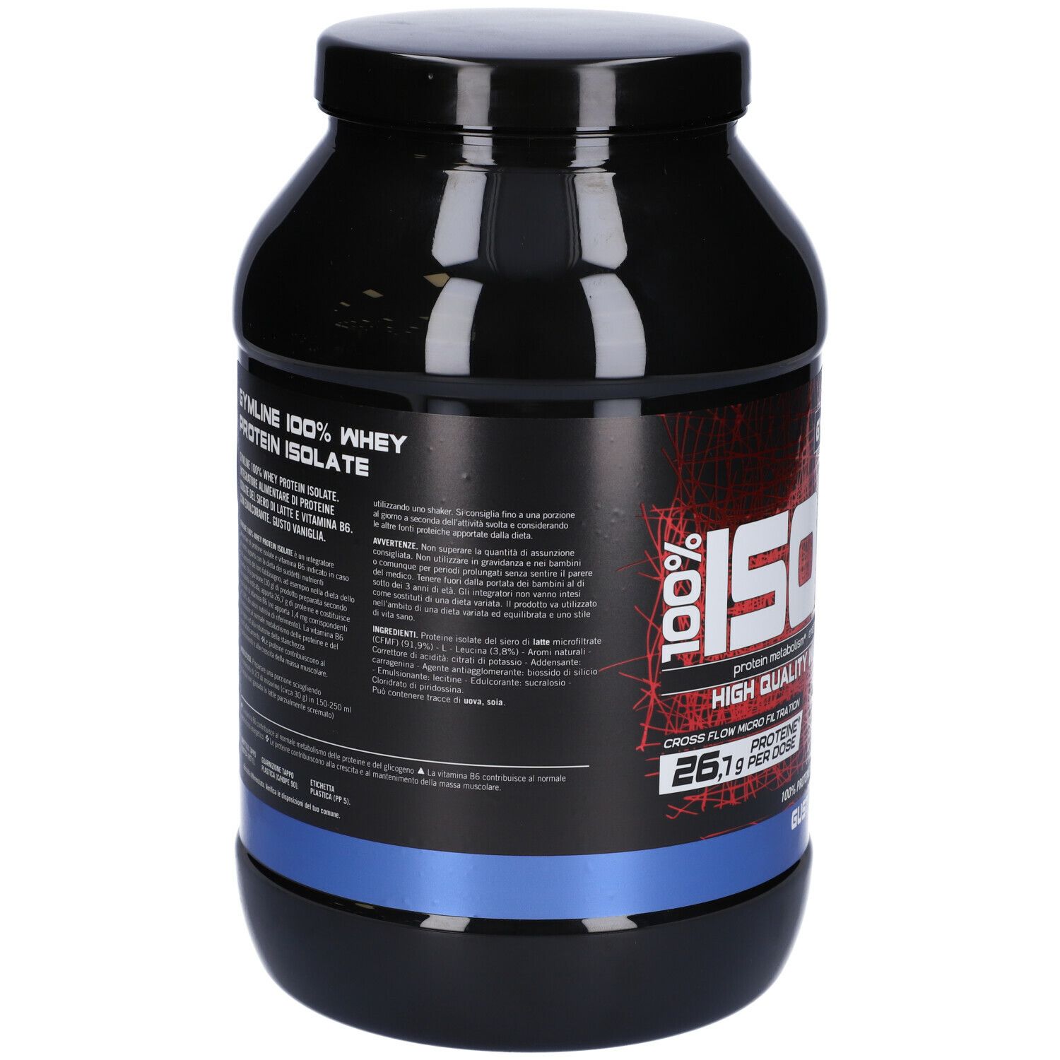 Barattolo nero con testo. Scritta: GYMLINE 100% WHEY PROTEIN ISOLATE. Contiene informazioni e ingredienti.