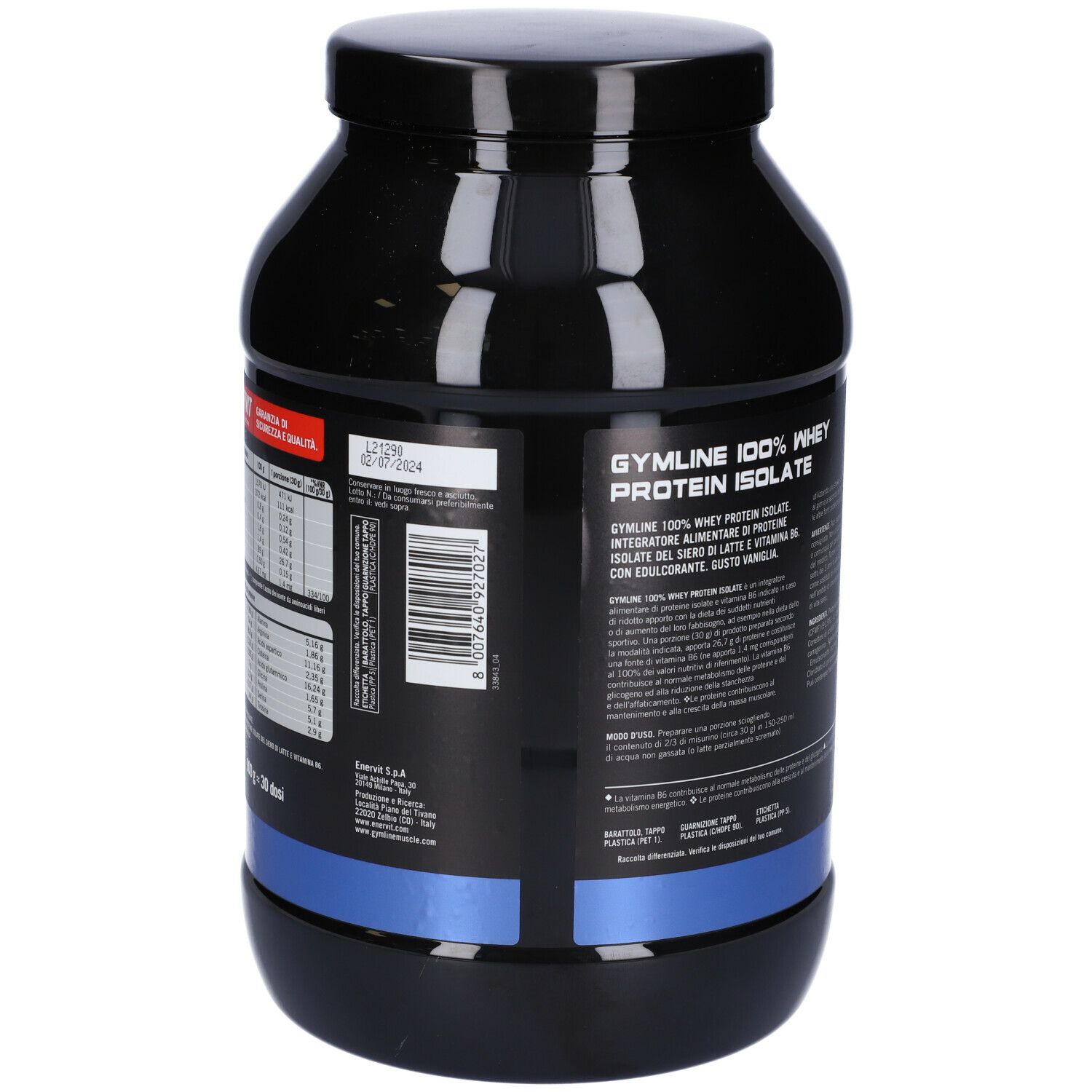 Barattolo nero, retro con testo e codice a barre. Scritta: GYMLINE 100% WHEY PROTEIN ISOLATE.