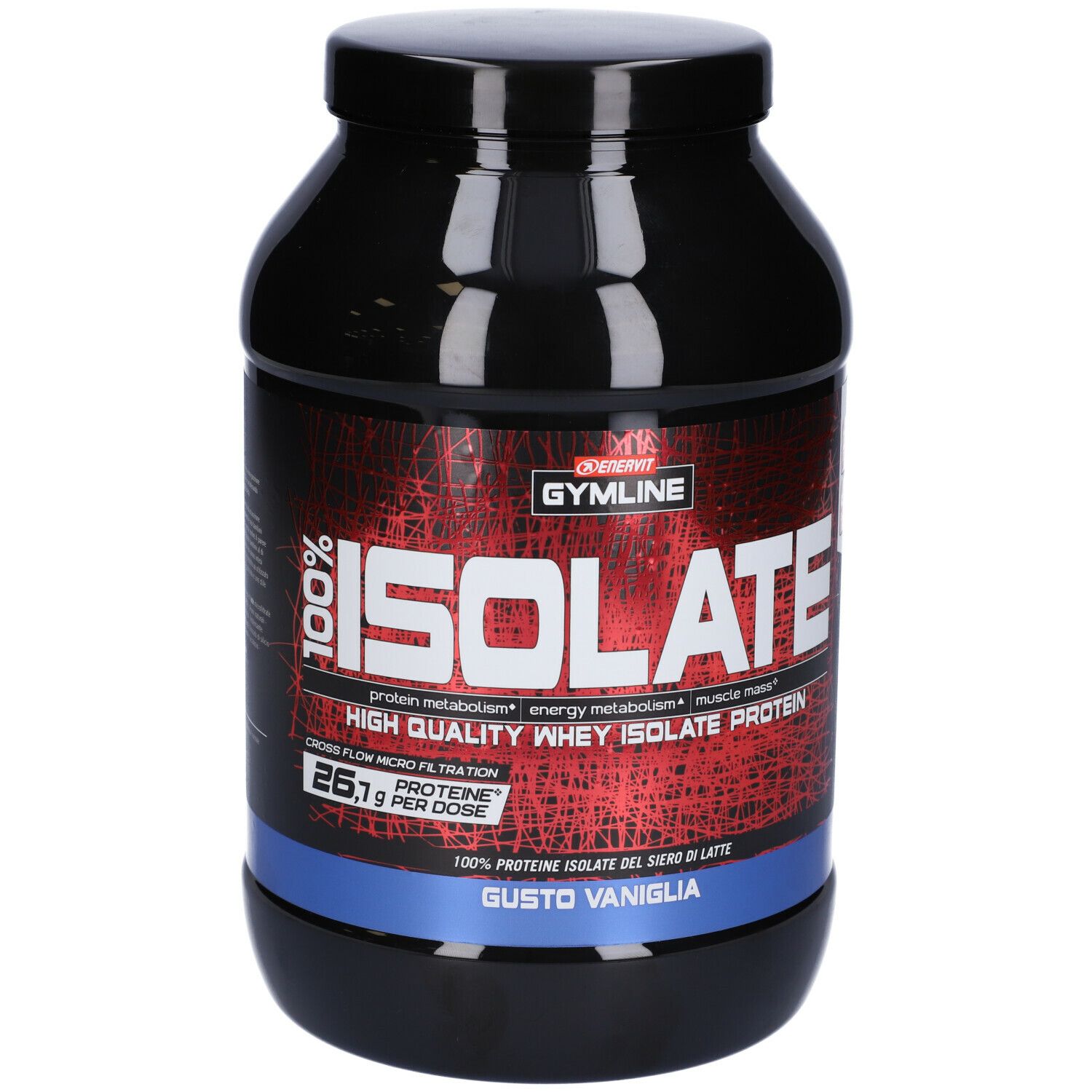 Barattolo nero con etichetta rossa. Scritta: ISOLATE, 26,1g proteine per dose. Gusto vaniglia.