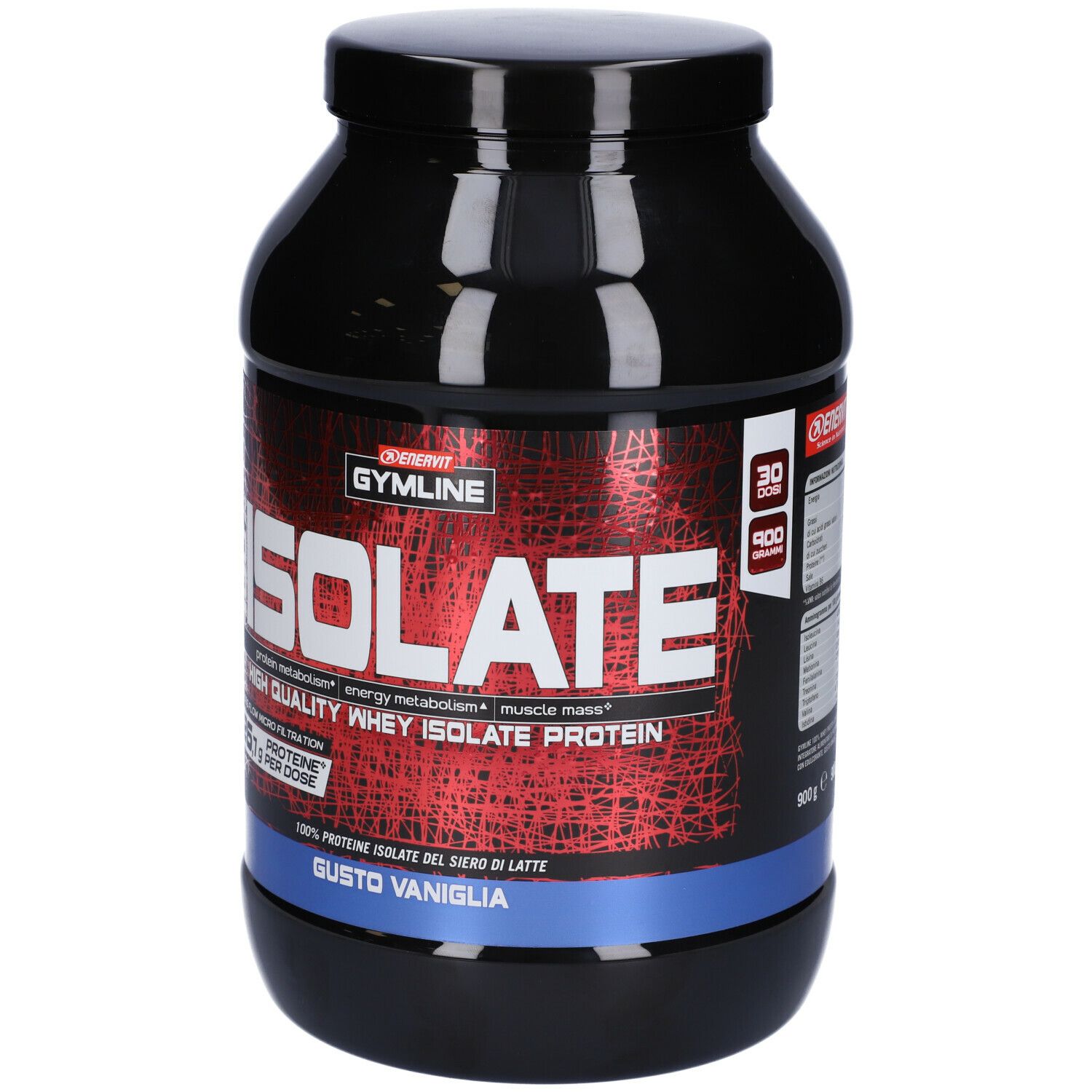 Barattolo nero con etichetta rossa. Scritta: ISOLATE, 30 porzioni, 900g. Gusto vaniglia.
