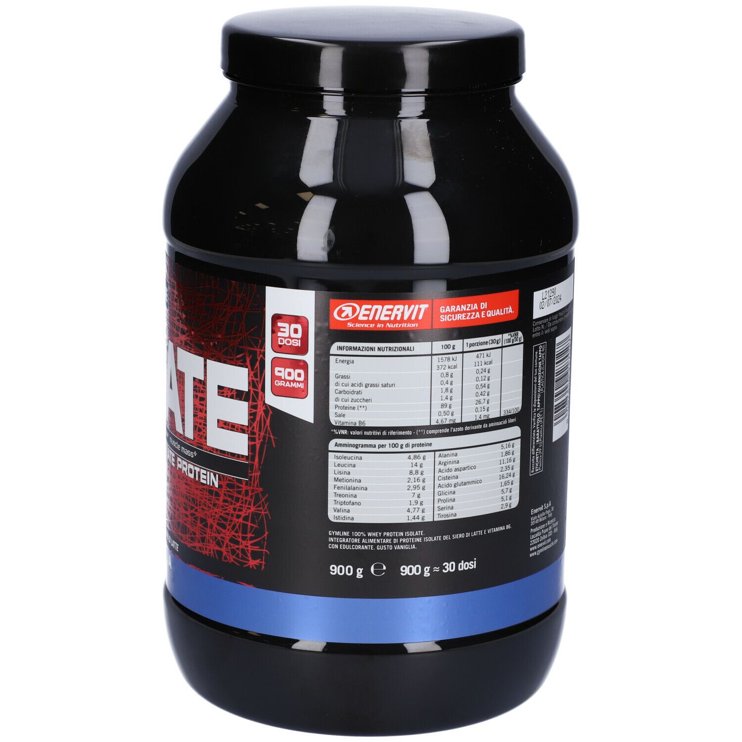 Barattolo nero, retro con testo. Scritta: GYMLINE 100% WHEY PROTEIN ISOLATE, 30 porzioni, 900g.
