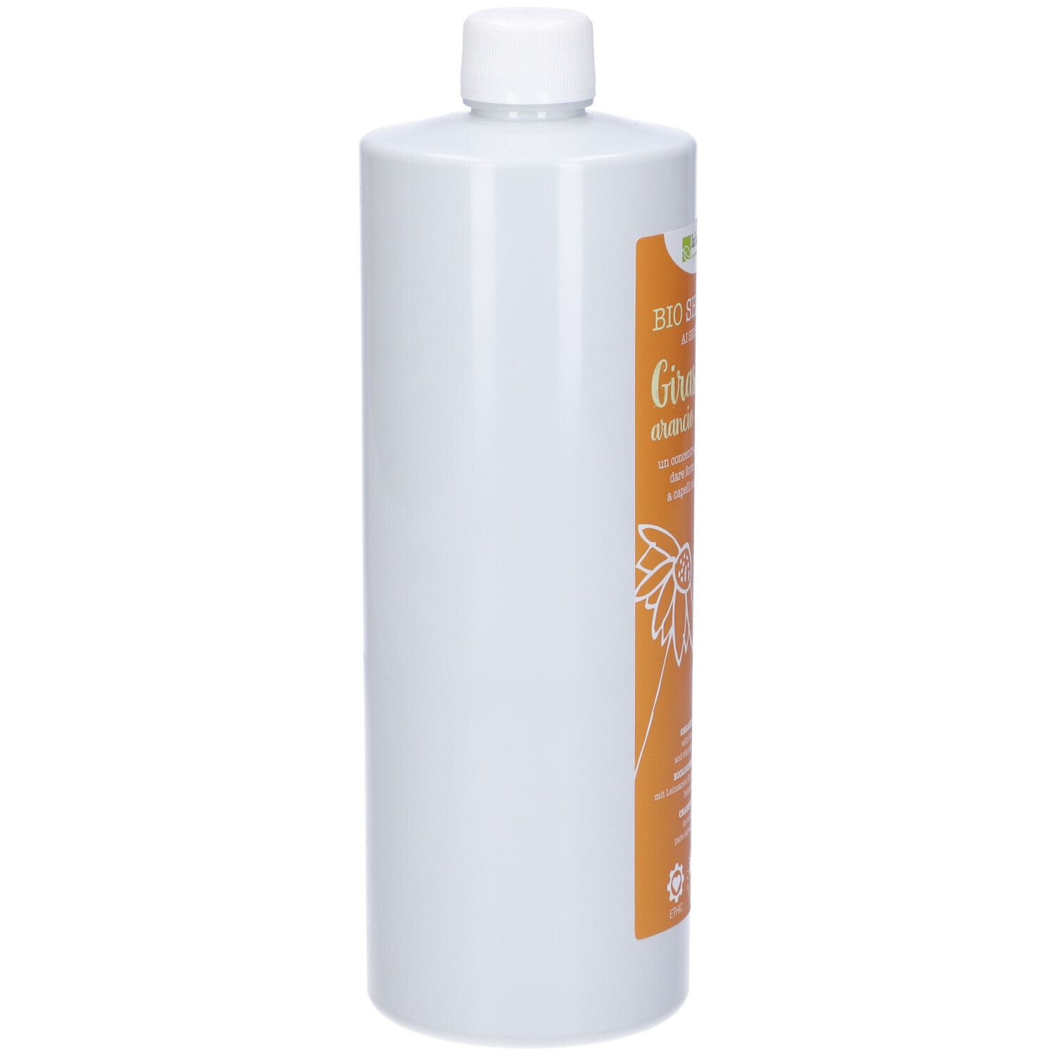 Flacone bianco con tappo bianco. Etichetta con informazioni sul prodotto. Girasole e arancio dolce.