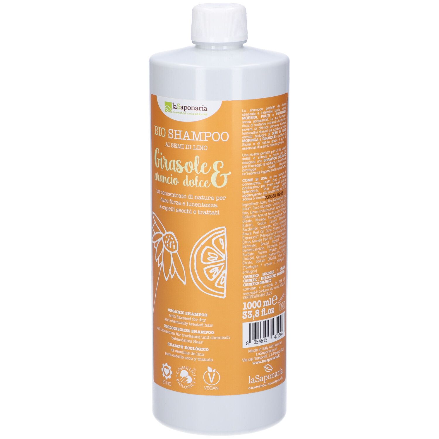 Flacone bianco con tappo bianco. Etichetta con informazioni sul prodotto e testo. Girasole e arancio dolce.