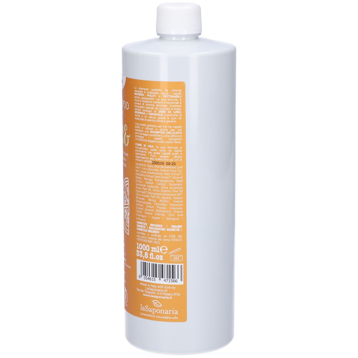 Flacone bianco con tappo bianco. Etichetta con informazioni sul prodotto e testo. Girasole e arancio dolce.
