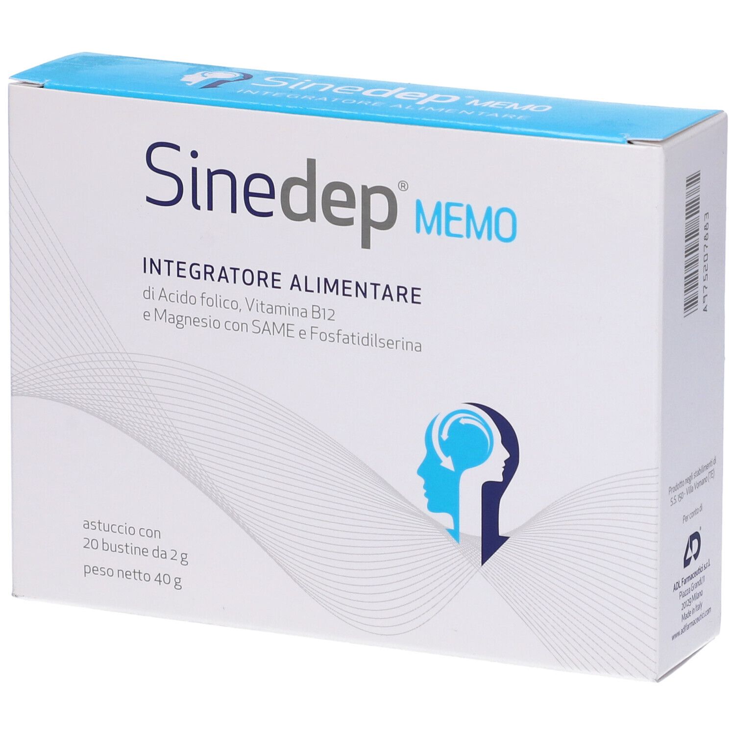 Scatola Sinedep Memo. Confezione blu e bianca. Testo: Integratore Alimentare. Contiene 20 bustine.