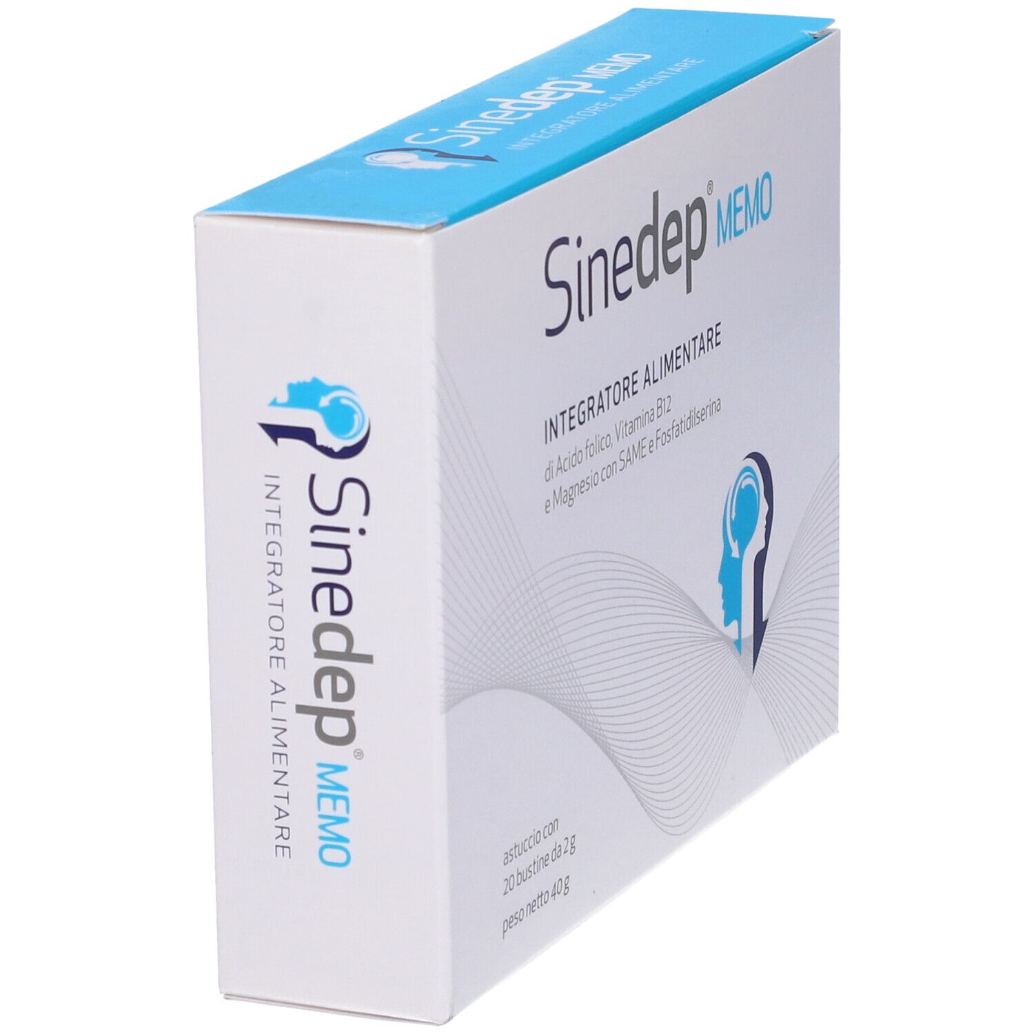 Confezione Sinedep Memo angolata. Scatola blu e bianca. Testo: Integratore Alimentare. Contiene 20 bustine.