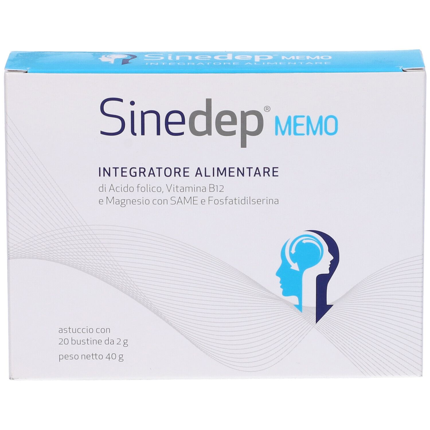 Confezione Sinedep Memo. Scatola blu e bianca. Testo: Integratore Alimentare. Contiene 20 bustine.
