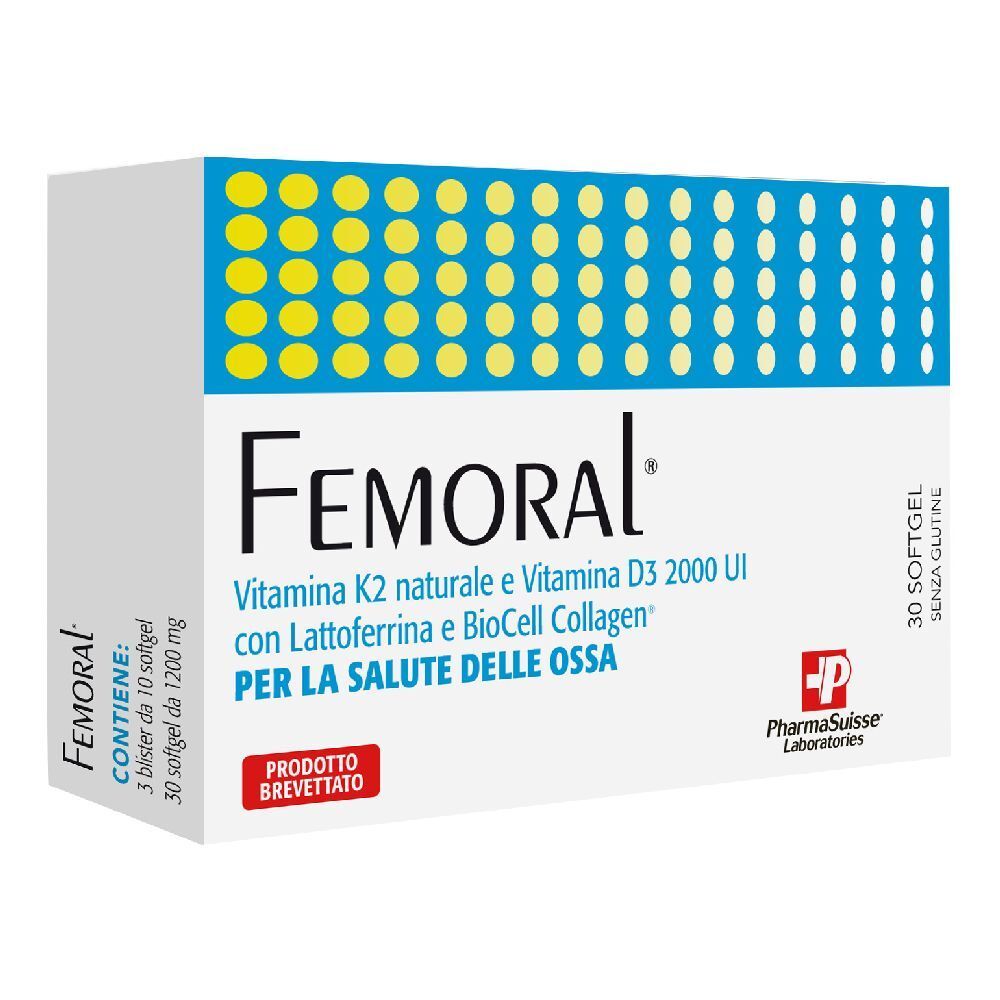 Weißer Karton mit blauen und gelben Elementen. Aufschrift: Femoral, Vitamin K2, Vitamin D3, mit Lattoferrina und BioCell Collagen. 30 Softgel.