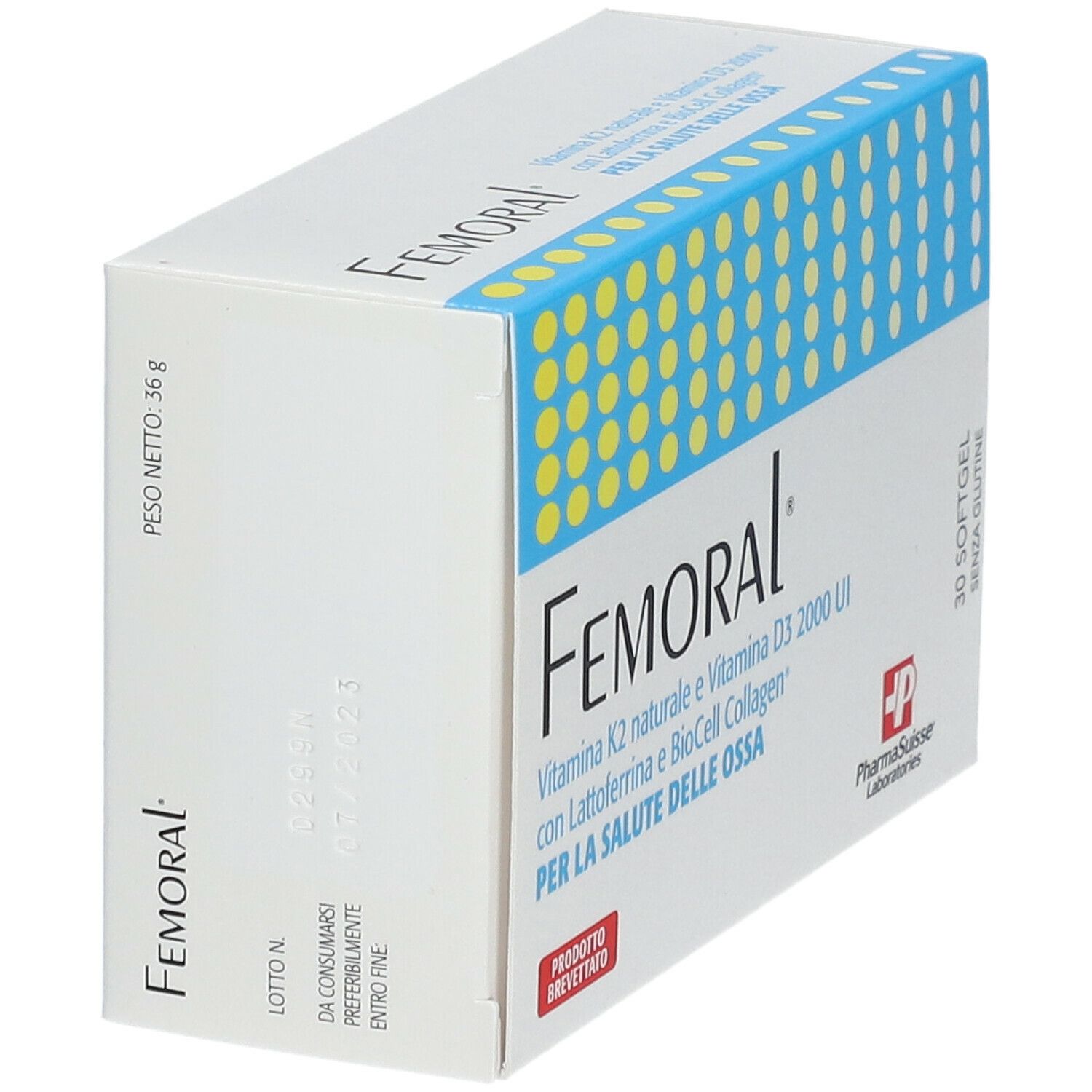 Weißer Karton mit blauen und gelben Elementen. Aufschrift: Femoral, Vitamin K2, Vitamin D3, mit Lattoferrina und BioCell Collagen. 30 Softgel.