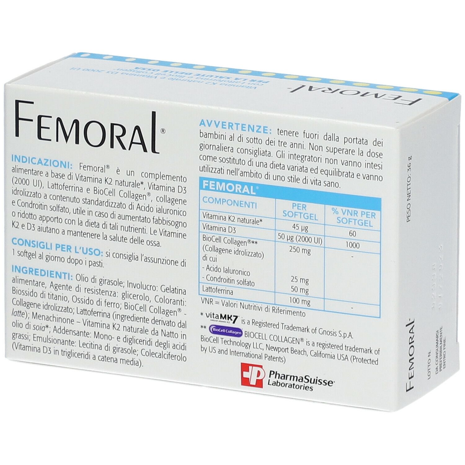 Weißer Karton mit blauen und gelben Elementen. Aufschrift: Femoral, Vitamin K2, Vitamin D3, mit Lattoferrina und BioCell Collagen. 30 Softgel.