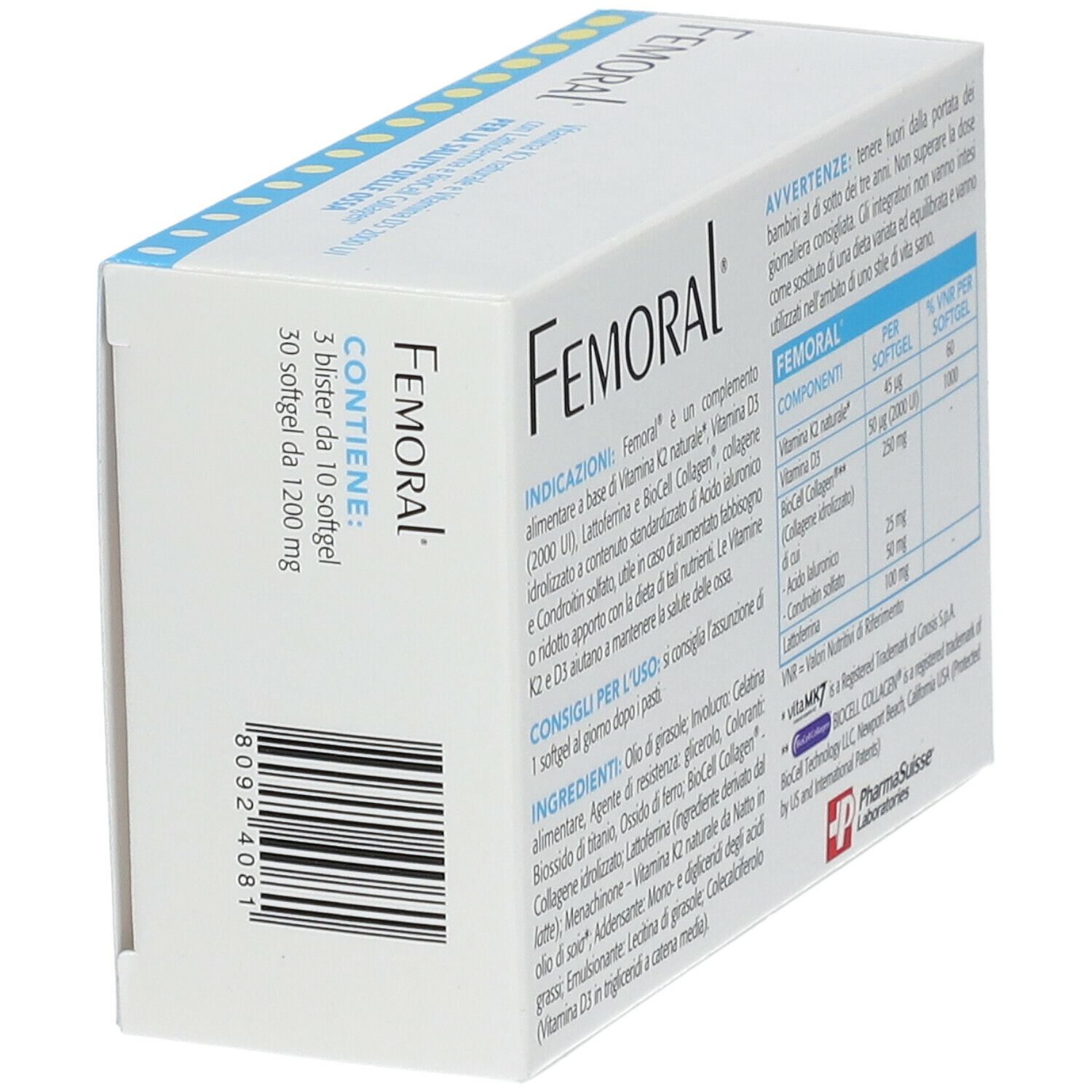 Weißer Karton mit blauen und gelben Elementen. Aufschrift: Femoral, Vitamin K2, Vitamin D3, mit Lattoferrina und BioCell Collagen. 30 Softgel.
