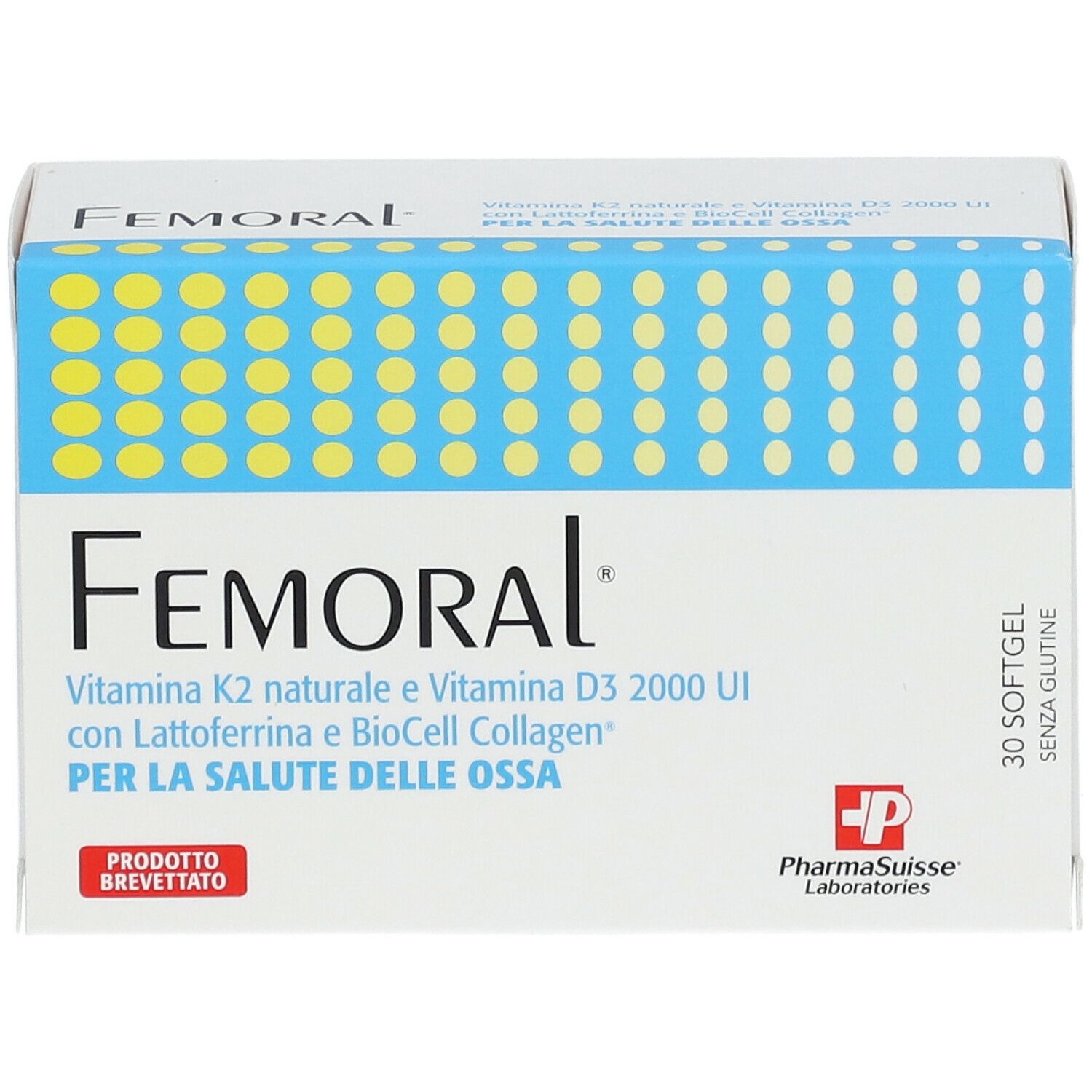 Weißer Karton mit blauen und gelben Elementen. Aufschrift: Femoral, Vitamin K2, Vitamin D3, mit Lattoferrina und BioCell Collagen. 30 Softgel.