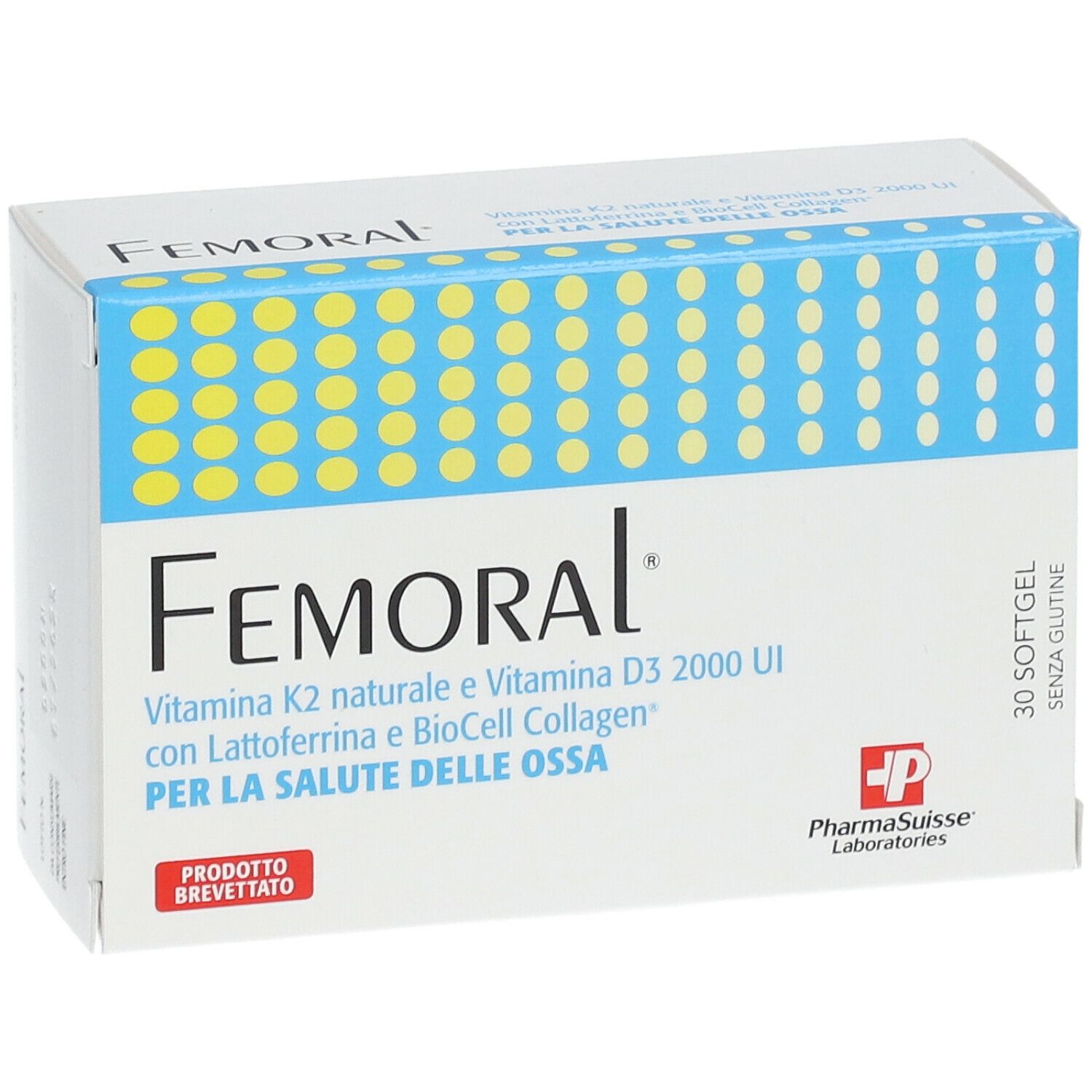 Weißer Karton mit blauen und gelben Elementen. Aufschrift: Femoral, Vitamin K2, Vitamin D3, mit Lattoferrina und BioCell Collagen. 30 Softgel.